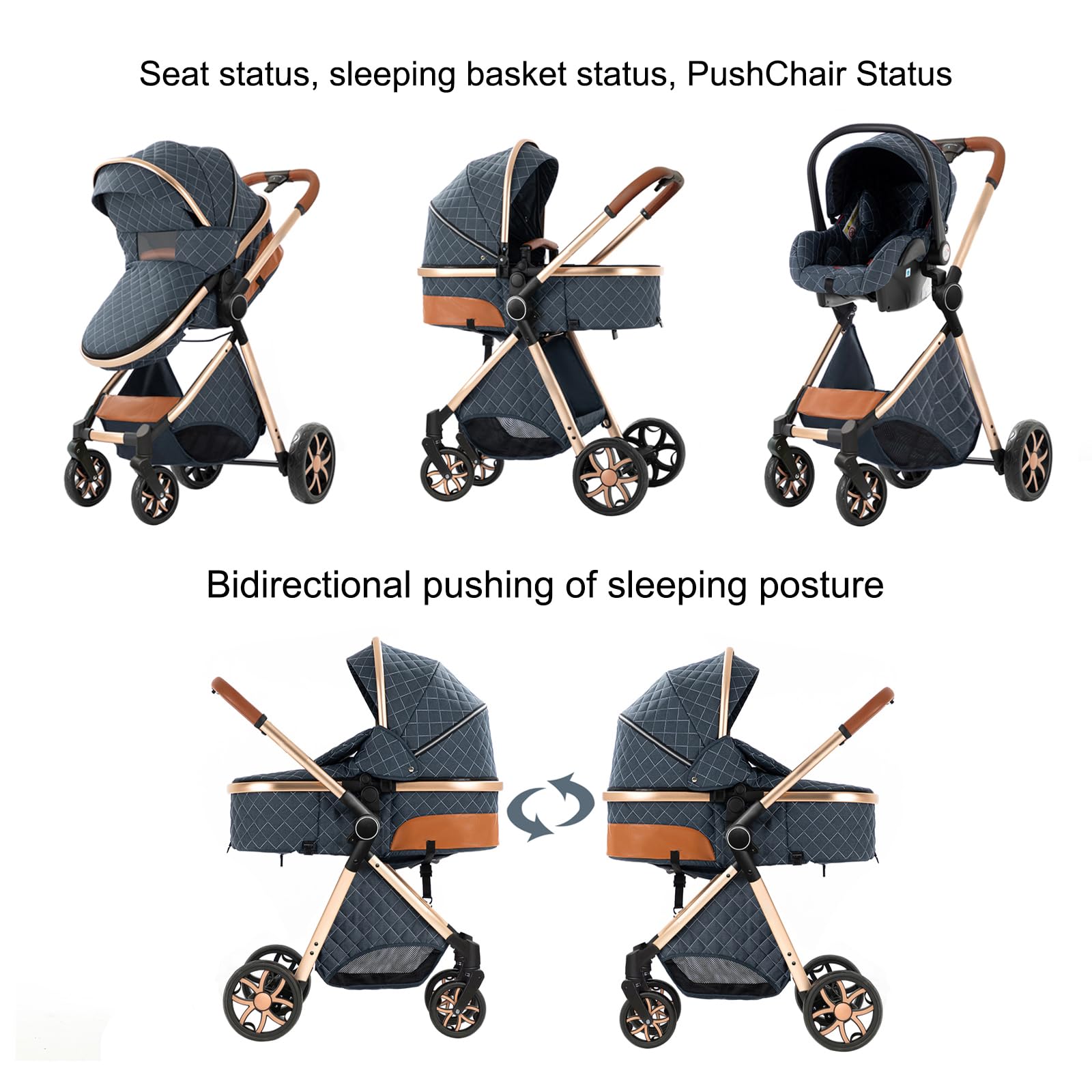 Carrito Bebe 3 en 1, Carro Bebe con Diseño Plegable con Un Solo Clic, Cochecito con Dos Modos de Empuje Reversibles, Carricoche 3 Piezas con Marco de Aluminio (YV9 Grey)
