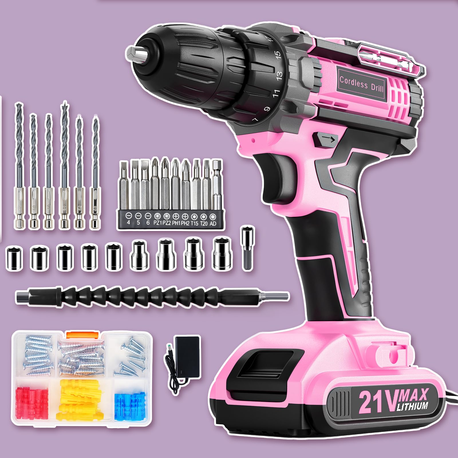 Drill, Cordless Drill and Screwdriver Set, 90PCS Accessories 2.0Ah 3/8 Inch Chuck 370 in-lbs, 25+1 Electric Screwdriver Rechargeable, Power Combi Battery Hand Drills Tool Set for Home Repair (Pink)