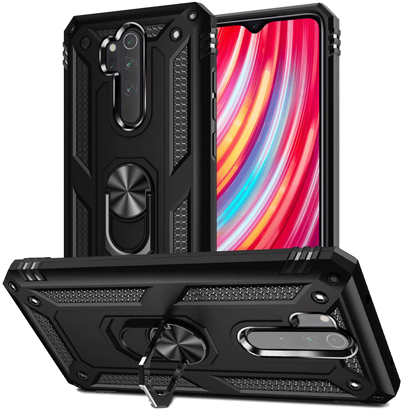 Case for Xiaomi Redmi Note 8 Pro with Tempered Glass Screen Protector,Ring Holder Protective Silicone Shockproof Tough Armor Hard Phone Cover,Black