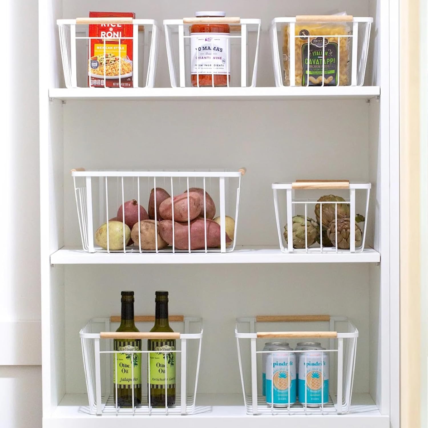 Better Houseware Wood Handled Wire Baskets – Neutral Wood Handles and White Finish - Large