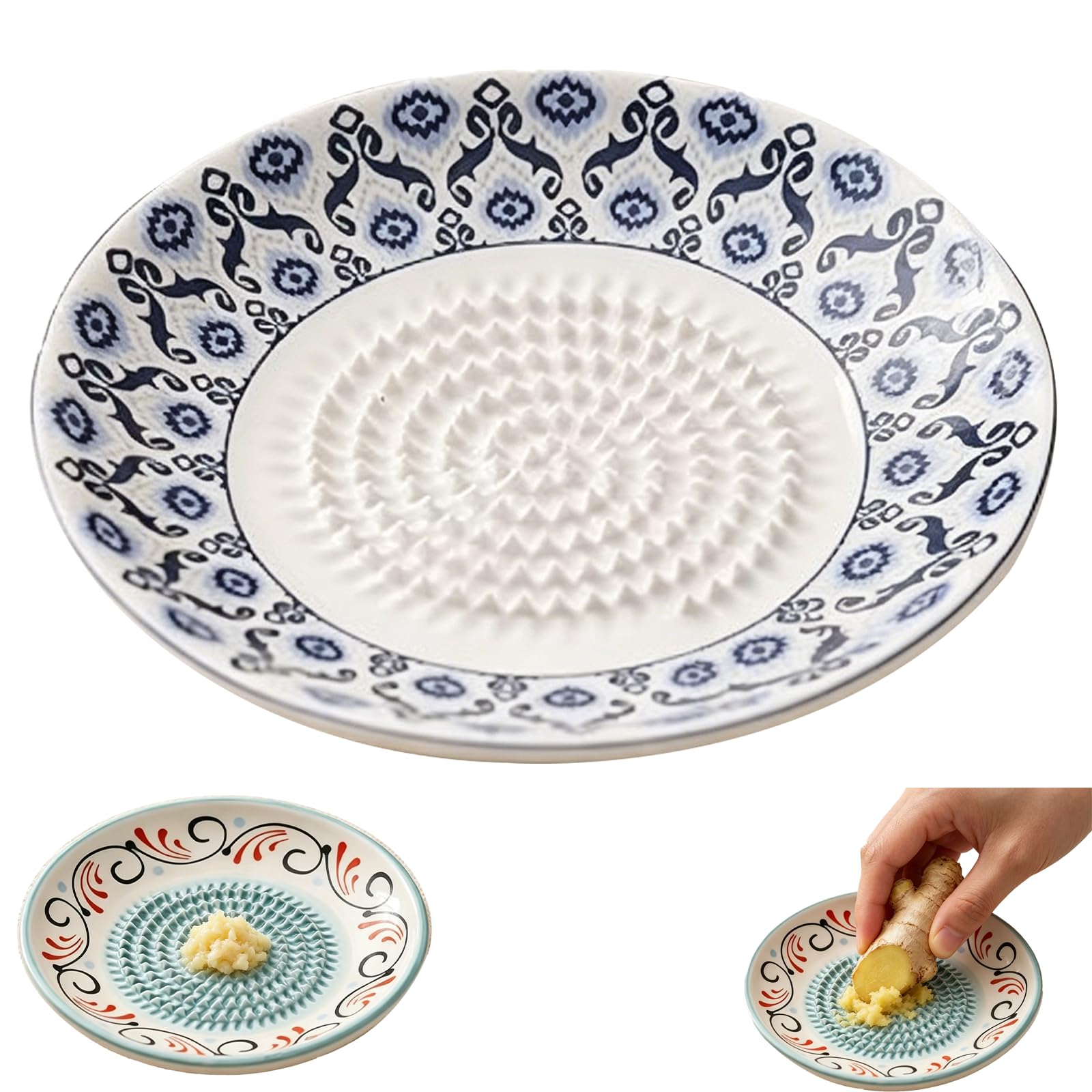 Ceramic Garlic Grater Plate -Ceramic Grating Plate for Garlic, Nutmeg, Fruit Purée & Baby Food | Non-Slip Kitchen Herb Shredder & Masher Dish, Easy Clean (Blue and White)