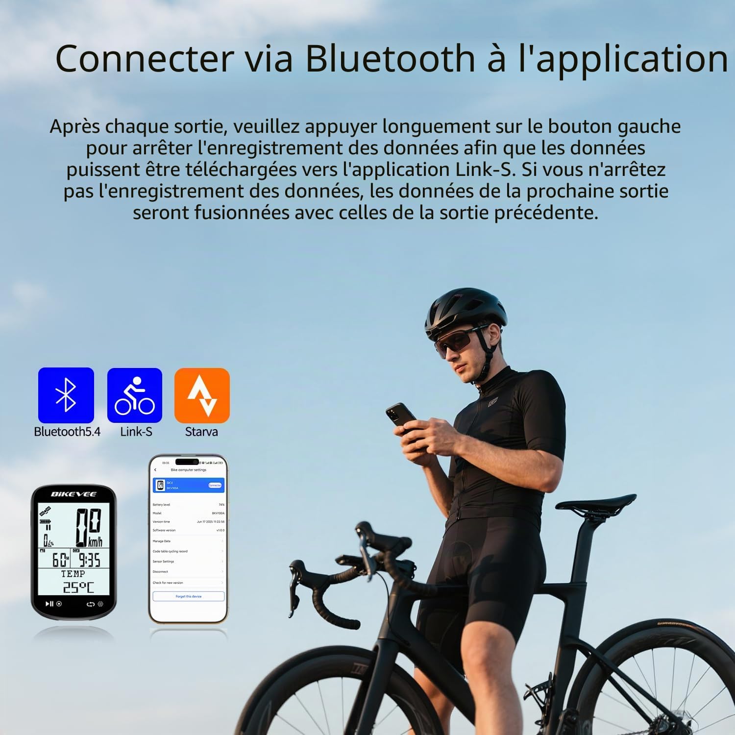 Ordinateur de vélo GPS sans fil ANT+ Bluetooth 2,6" Écran en verre Batterie 50H