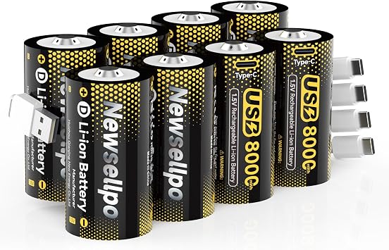 Rechargeable D Batteries 8 Pack, 1.5V LR20 8000mWh USB-C Lithium Batteries | Constant Voltage, 1600+ Charge Cycles, LR20 D Cell Batteries for Gas Stove, Flashlight & Camping Emergency Equipment