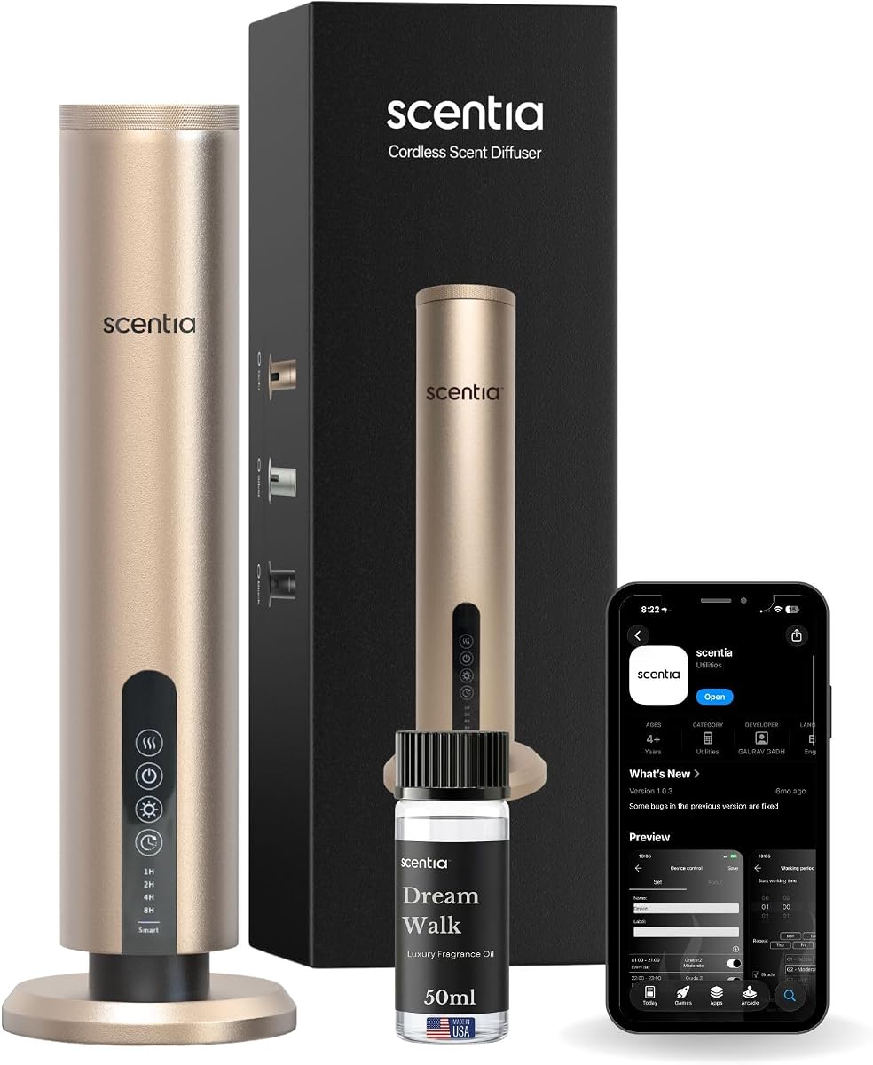 Wireless Waterless Cold-Air Scent Diffuser, App Control, 1500 Sq. Ft Gold | Scentia Max 72-Hr Cordless Runtime, Nebulizing Cold-Air System, USA-Made Oil Included, Safe For Children And Pets
