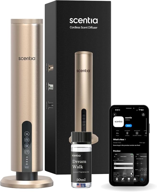 Wireless Waterless Cold-Air Scent Diffuser, App Control, 1500 Sq. Ft Gold | Scentia Max 72-Hr Cordless Runtime, Nebulizing Cold-Air System, USA-Made Oil Included, Safe For Children And Pets