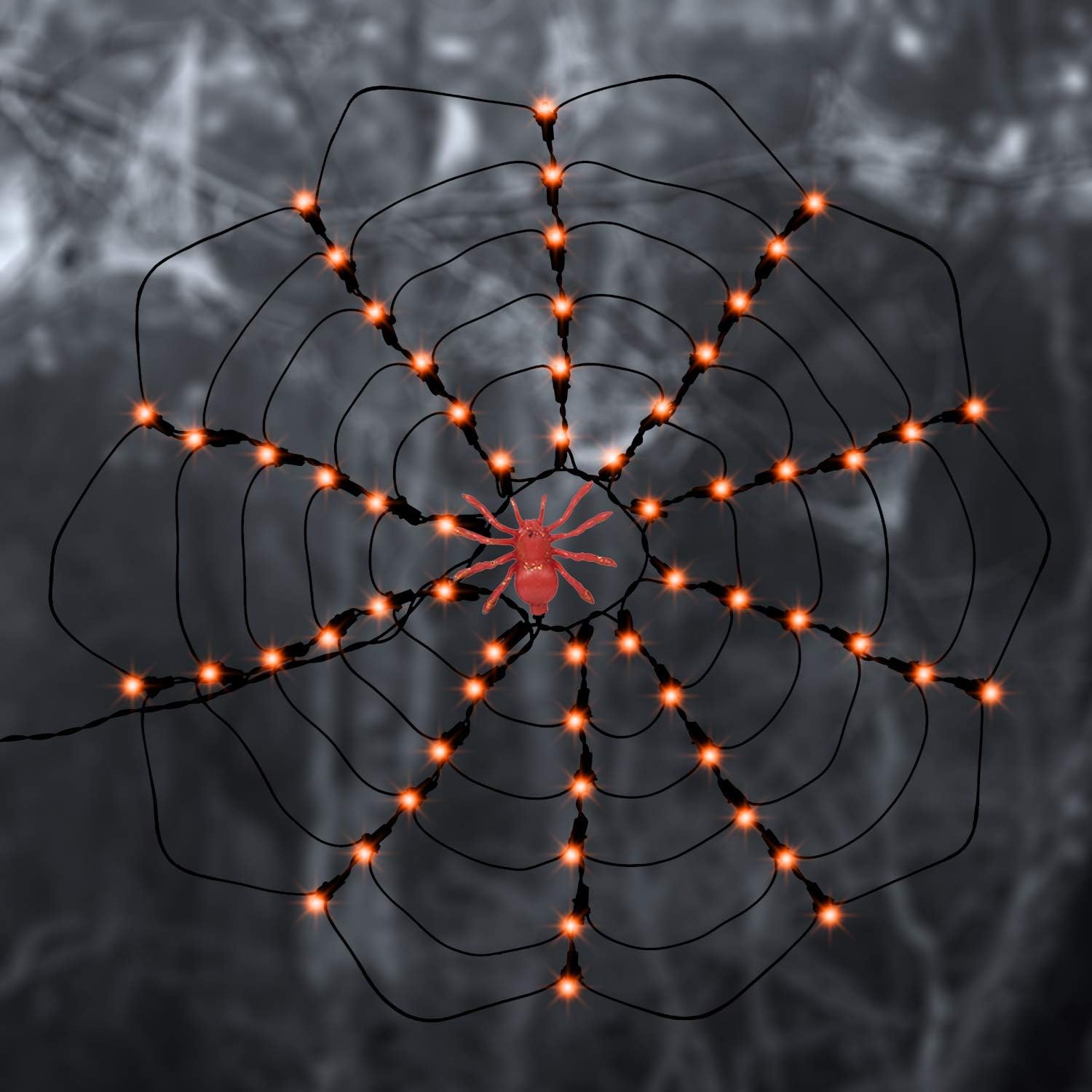 Twinkle Star Halloween Lighted Orange 60 LED Spider Web Lights with Spider, 120V High-Voltage Light Up Spider Net Decorations, Indoor Outdoor House Yard Garden Scary Halloween Decoration