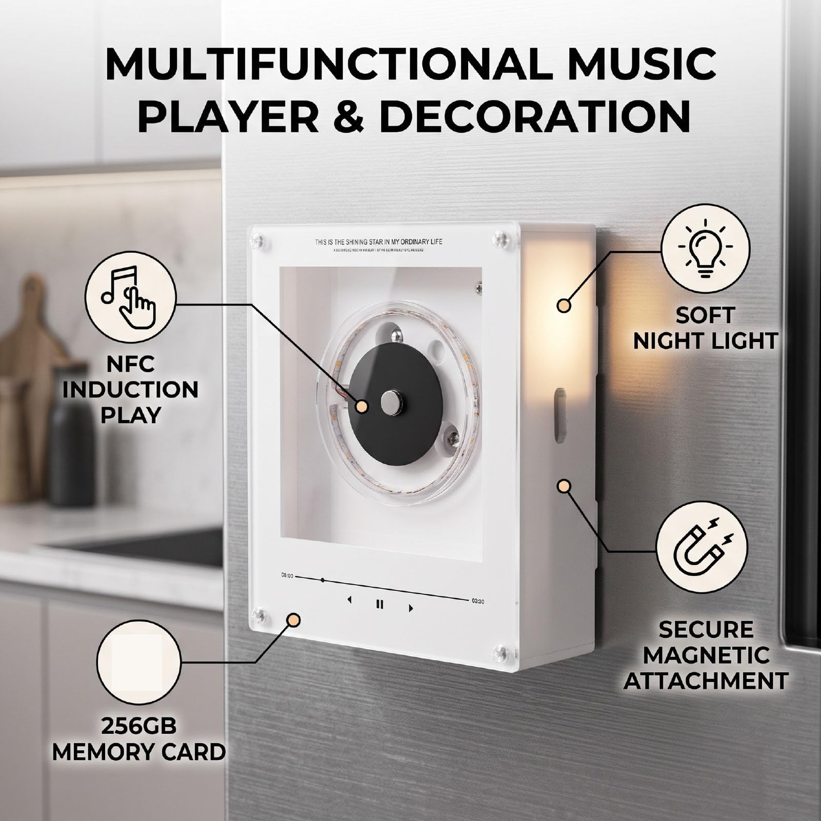 banapoy Lettore Musicale Frigorifero Magnetico Giradischi NFC Luce