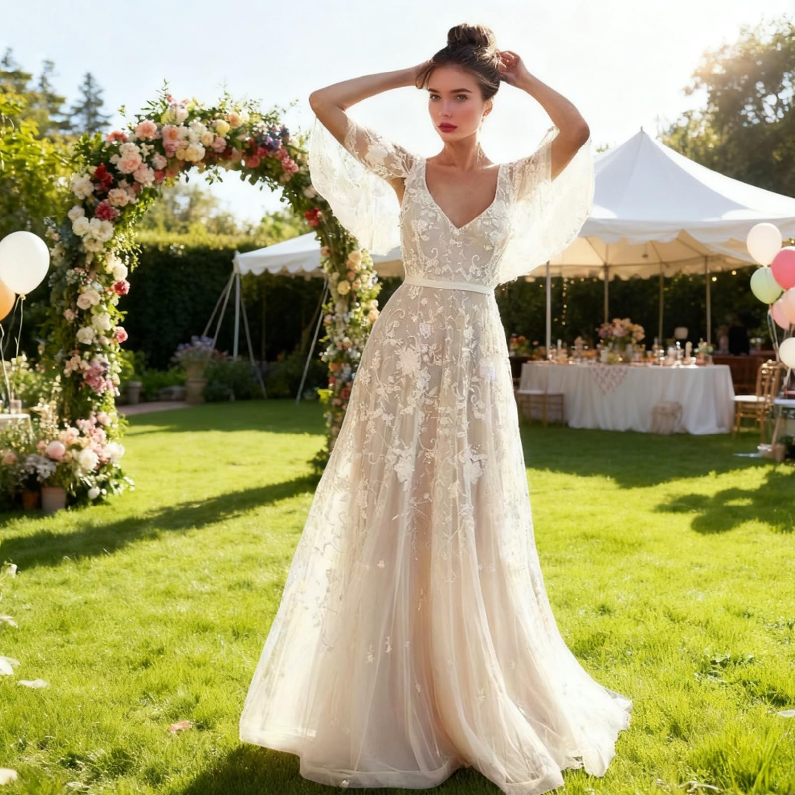Abito da sposa con maniche svasate in pizzo, scollo a V profondo aperto sul retro Boho abito da ballo da sposa abito da spiaggia