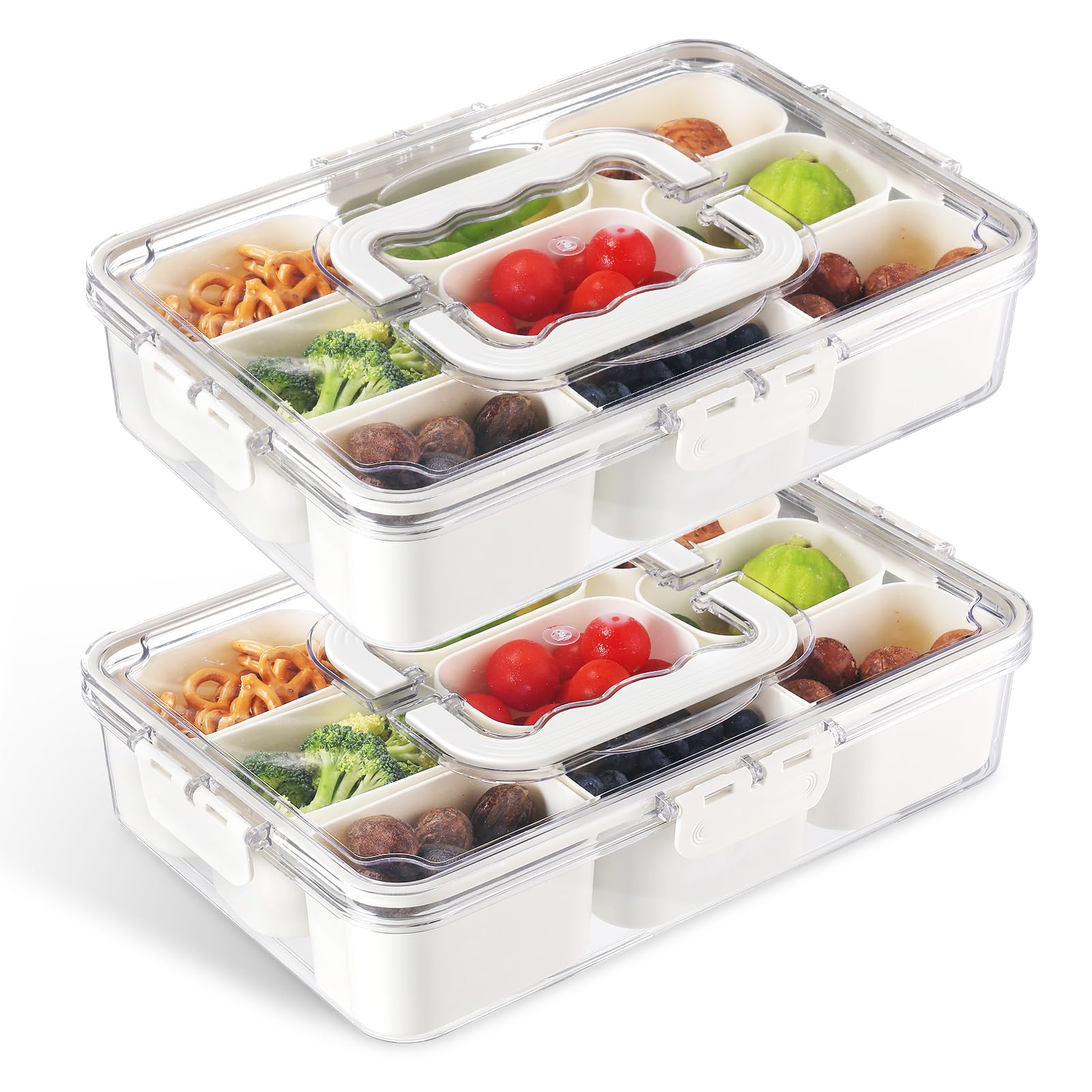 2 Pack Divided Serving Tray with Lid and Handle 9 Compartments Snackle Box Container, Portable Snack Containers Organizers, Stackable Clear Snack Platters for Party, Entertaining