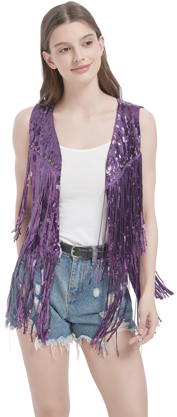 Sequin Fringe Vest - Sparkly Tassels Jacket Rivet Sleeveless Open Front Tops Glitter Party Cowgirl Concert Outfits