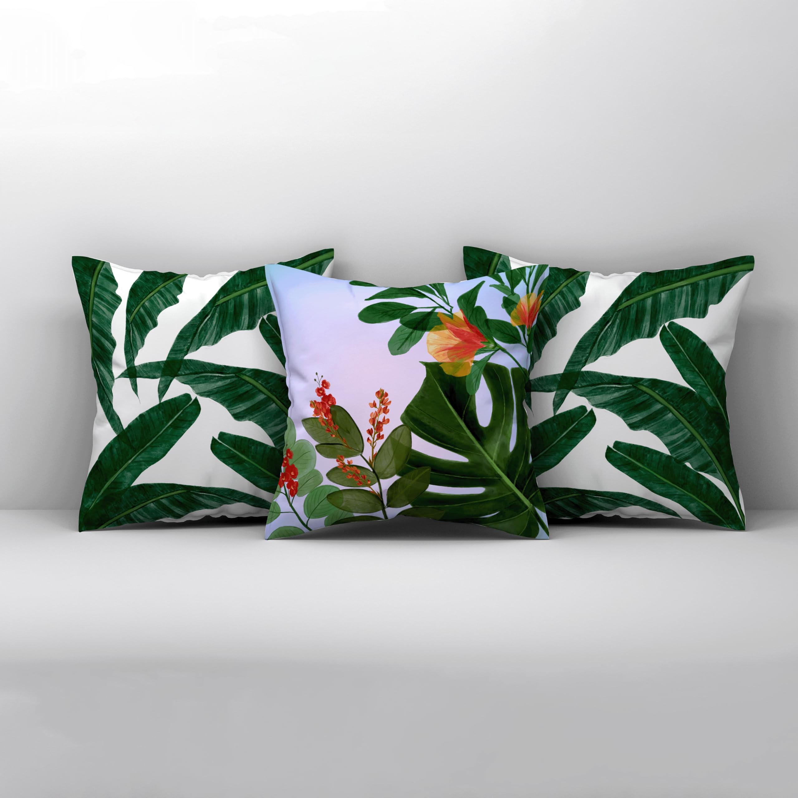 LUSHLYF Botanical & Floral Printed Canvas Pillow Covers - Set of 3, 16x16 inch (40x40 cm), Autumn Big Leaf & Bliss Banana - Cotton Sofa & Bed Cushions Cover for Home Decor