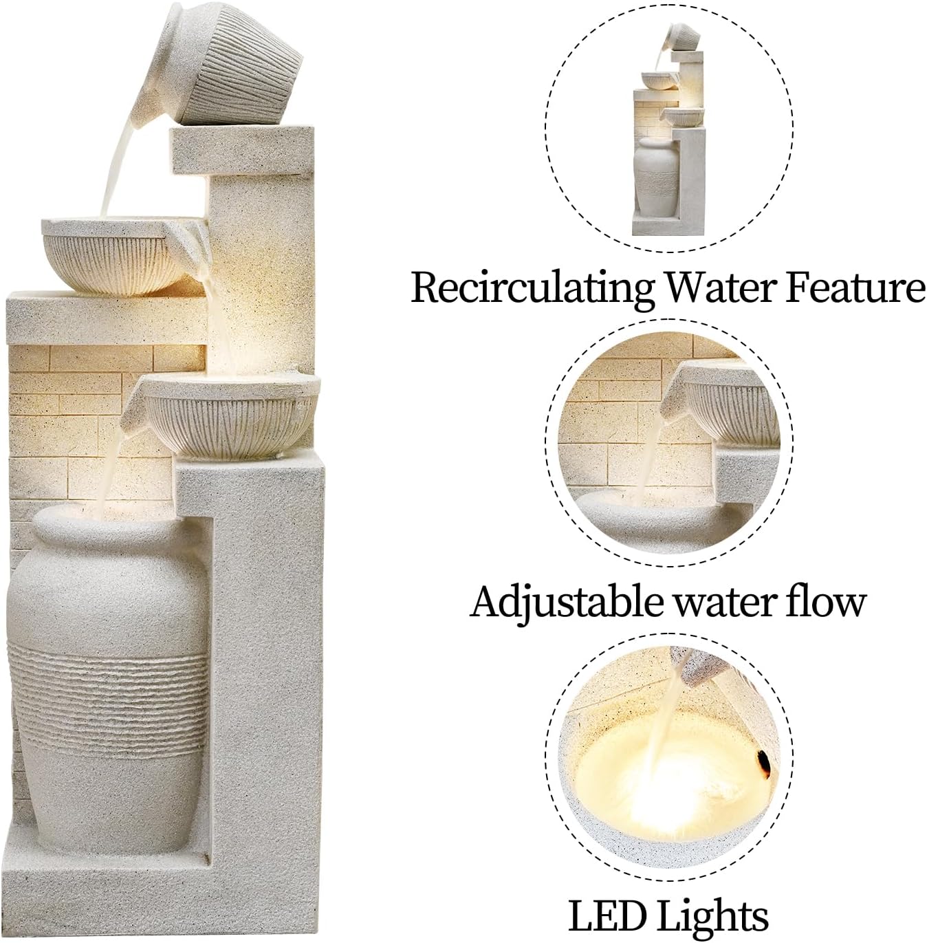 42.52" Outdoor Garden Water Fountain with Lights 4 Tiers Cascading Large Waterfall Floor Standing Fountain for Patio, Backyard, Deck, Porch and Home Art Decor
