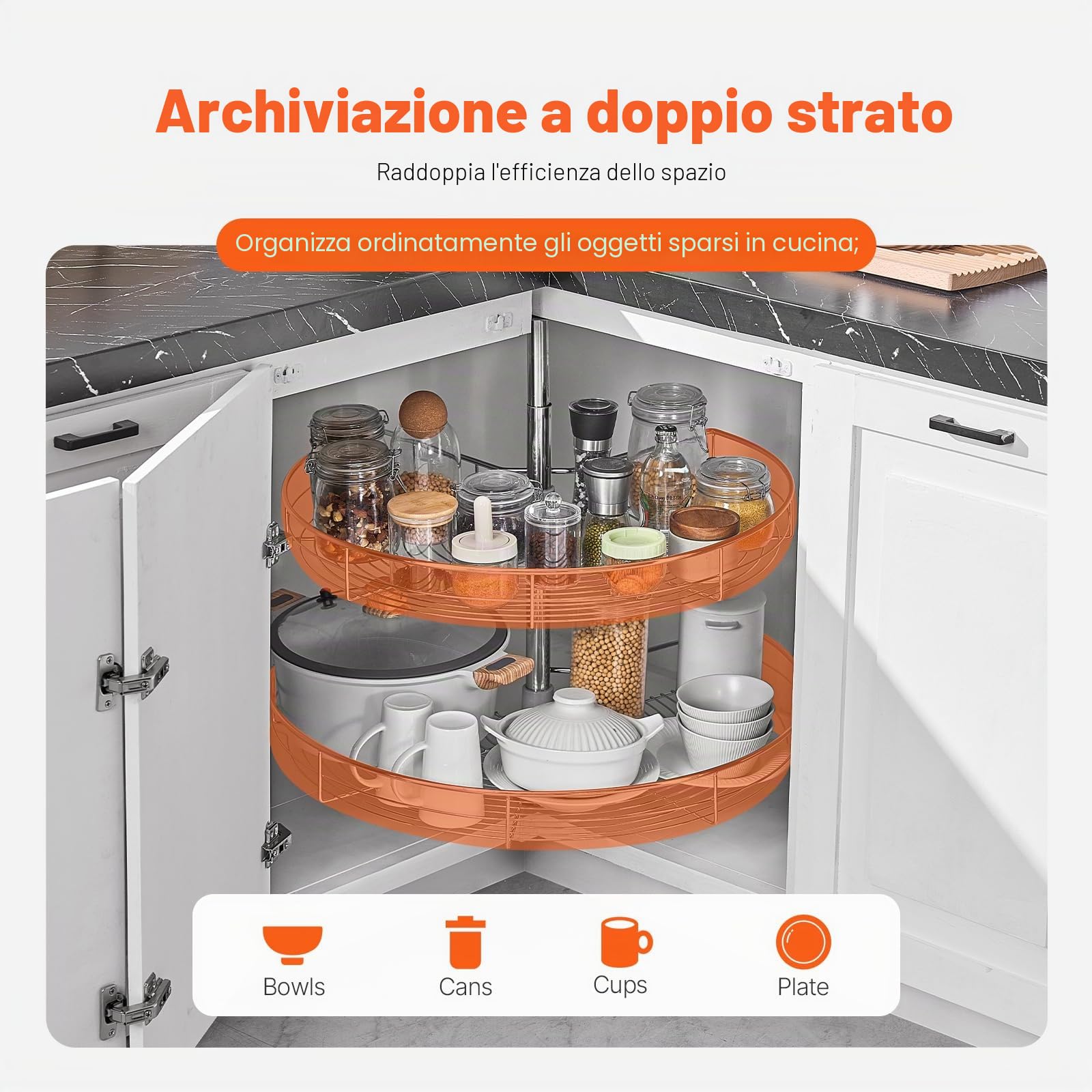 VEVOR Organizer Angolare Cromato 710 mm Forma di Rene, Sngolo Cieco Girevole 360° per Mobiletto Cucina, Ripiano Stoccaggio Regolabile Altezza 2 Livelli, Ripiano in Acciaio Carbonio per Angolo Mobile