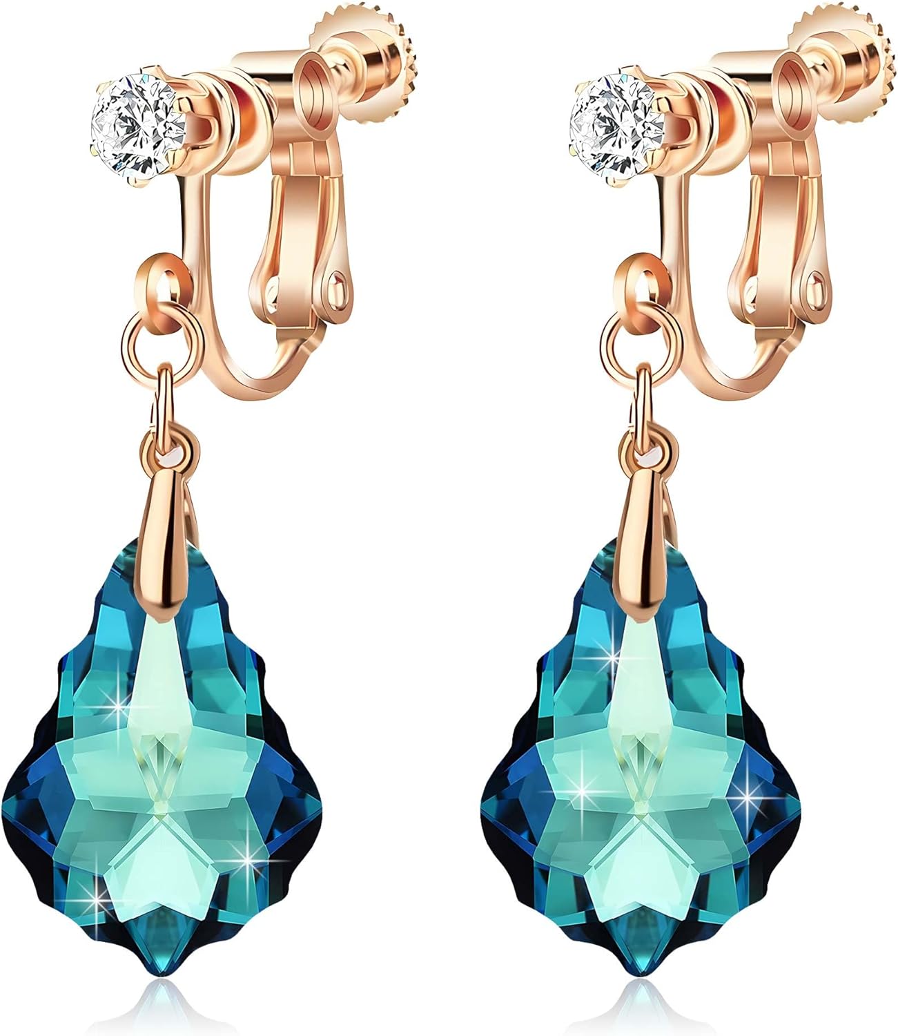 Austrian Crystal Baroque Drop Clip On Dangle Earrings for Women Non Pierced 14K Rose Gold Plated Hypoallergenic Jewelry