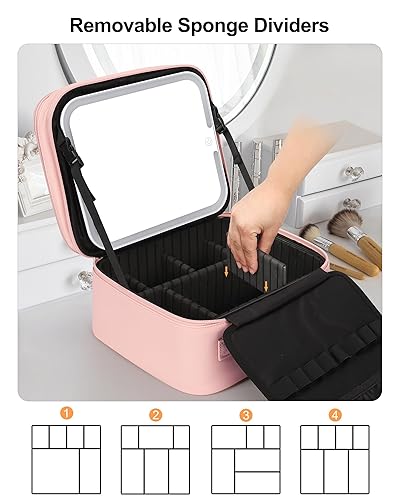 Vista 11 de Relavel Bolsa de maquillaje de viaje con espejo LED, estuche de tren de cosméticos con espejo iluminado, bolsa organizadora portátil para 01-Negro