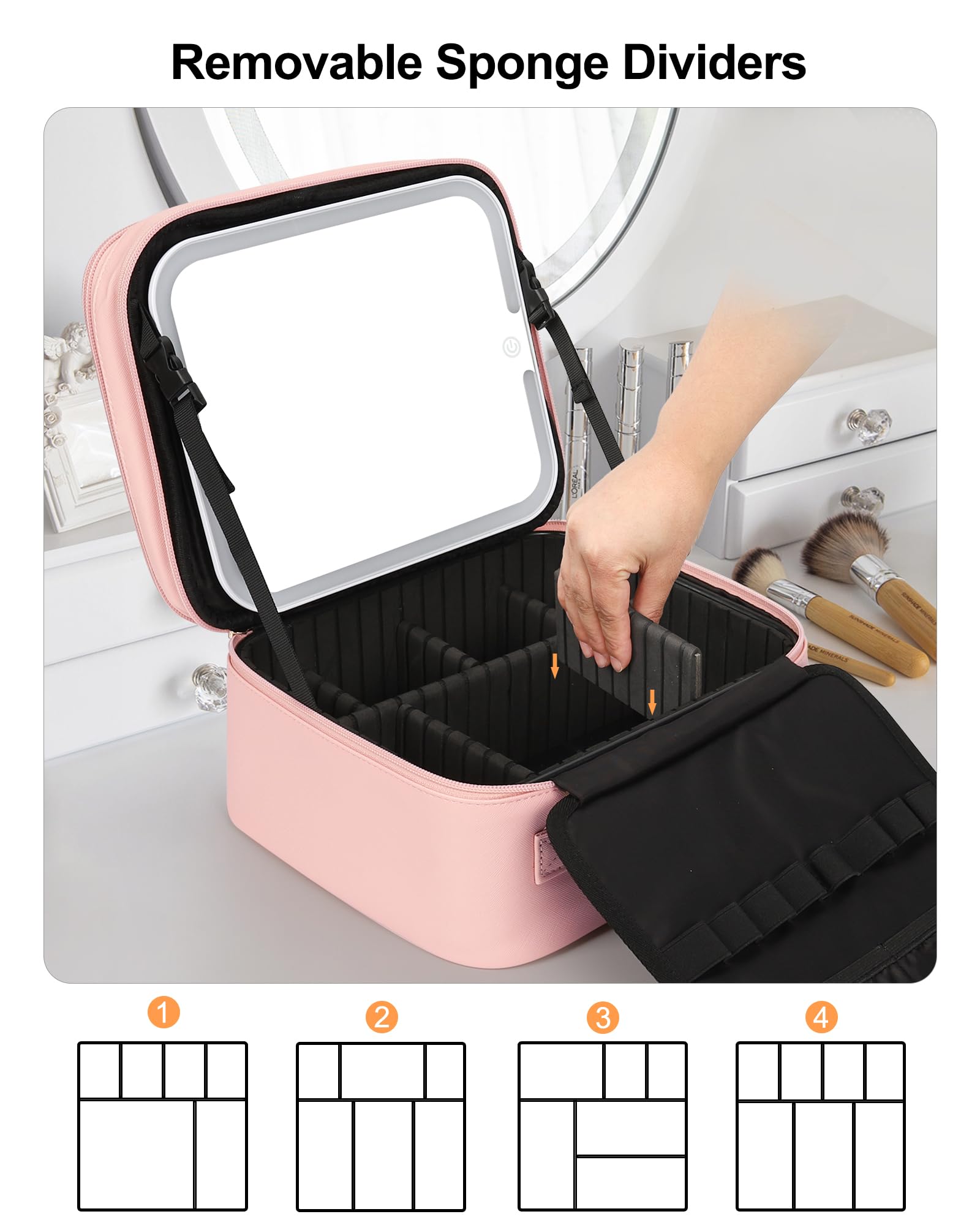 Relavel Travel Makeup Organizer Bag with LED Mirror and Dividers
