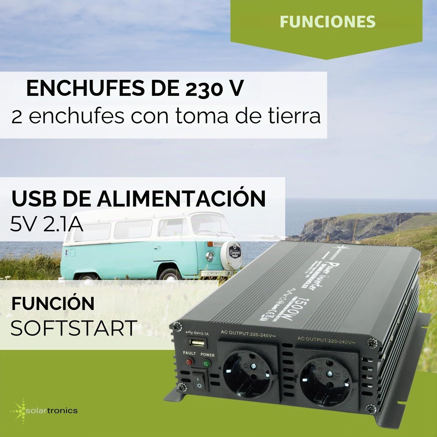 Transformador de tensión 24 V 1500 3000 W 230 V - Inversor para la conexión móvil de electrodomésticos … Negro