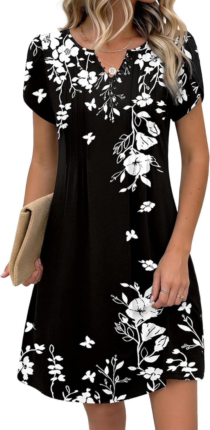 Zeagoo Women's Casual Dresses with Pockets Summer Floral V-Neck A-Line Tshirt Dress Short Sleeve Mini Dress Beach Sundress - Image 2
