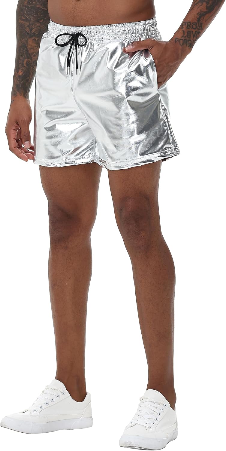 NewL Mens Gold Metallic Shiny Rave Night Club Shorts Comfort Sweatpants Disco Dance Party Elastic Trousers