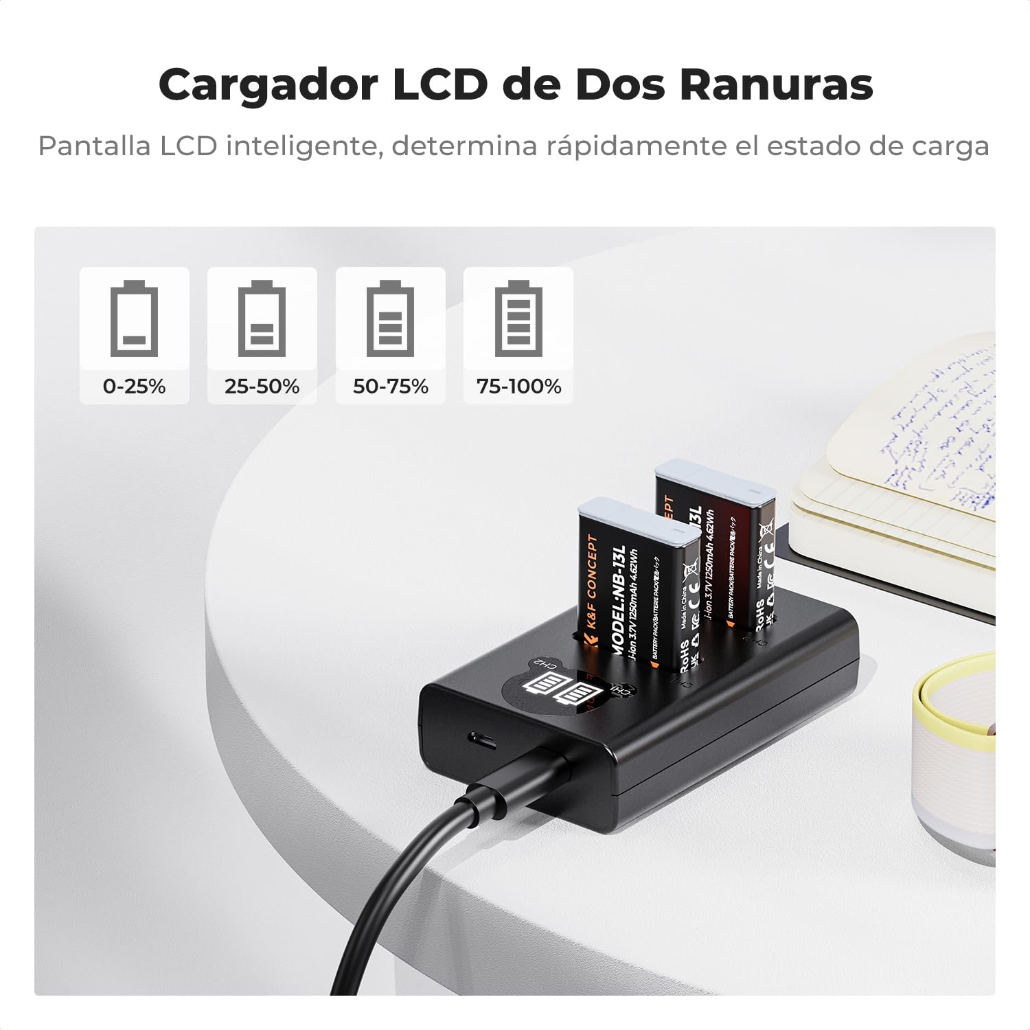 K&F CONCEPT NB-13L Batería de Repuesto 2-Pack con Cargador LCD Dual Slot, Compatible con Cámaras Canon EOS G7X3/G7X2/G9X/G5X/SX720HS