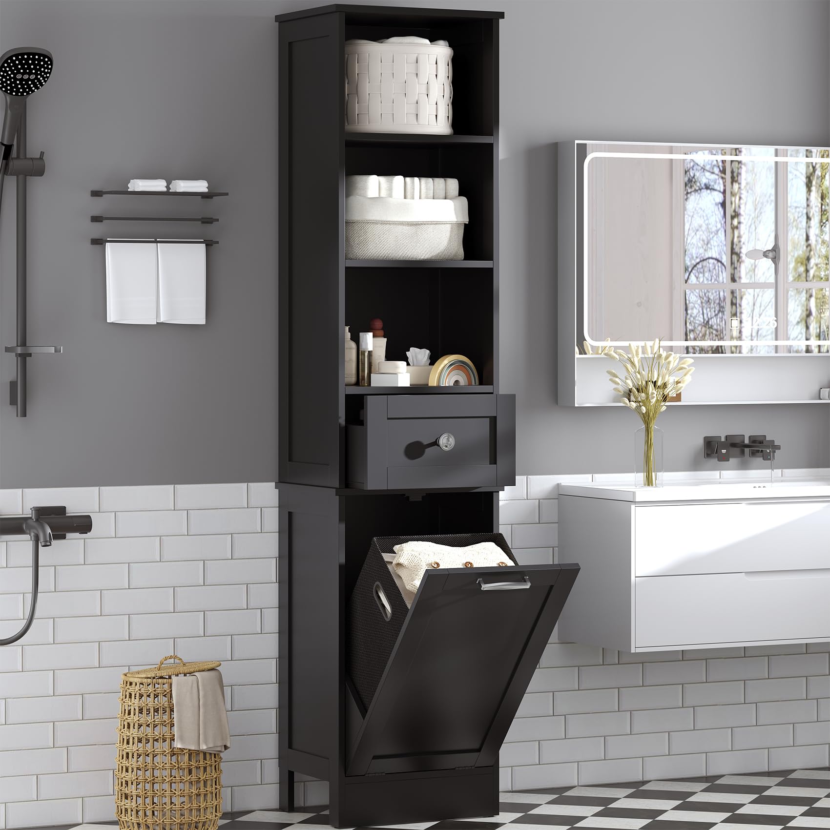 Feonase Tall Bathroom Cabinet with Removable Laundry Basket, Slim Freestanding Storage Organizer with 3 Open Shelves and 1 Drawer for Bathroom, Laundry, Hallway Black
