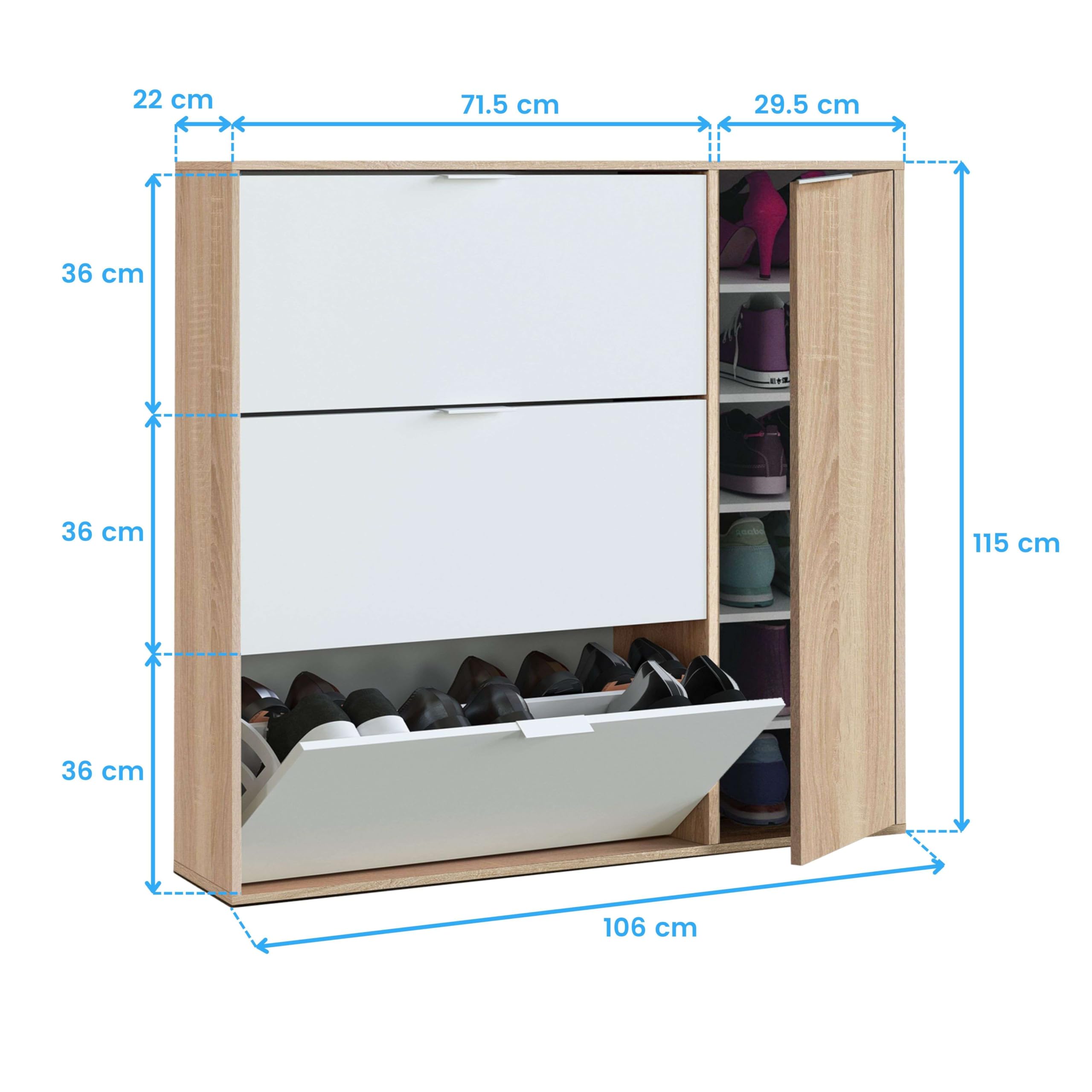 Habitdesign Mueble Zapatero 4 Puertas, Modelo Class, Acabado en Roble Canadian y Blanco Artik, Medidas: 106 cm (Ancho) x 115 cm (Alto) x 22 cm (Fondo)