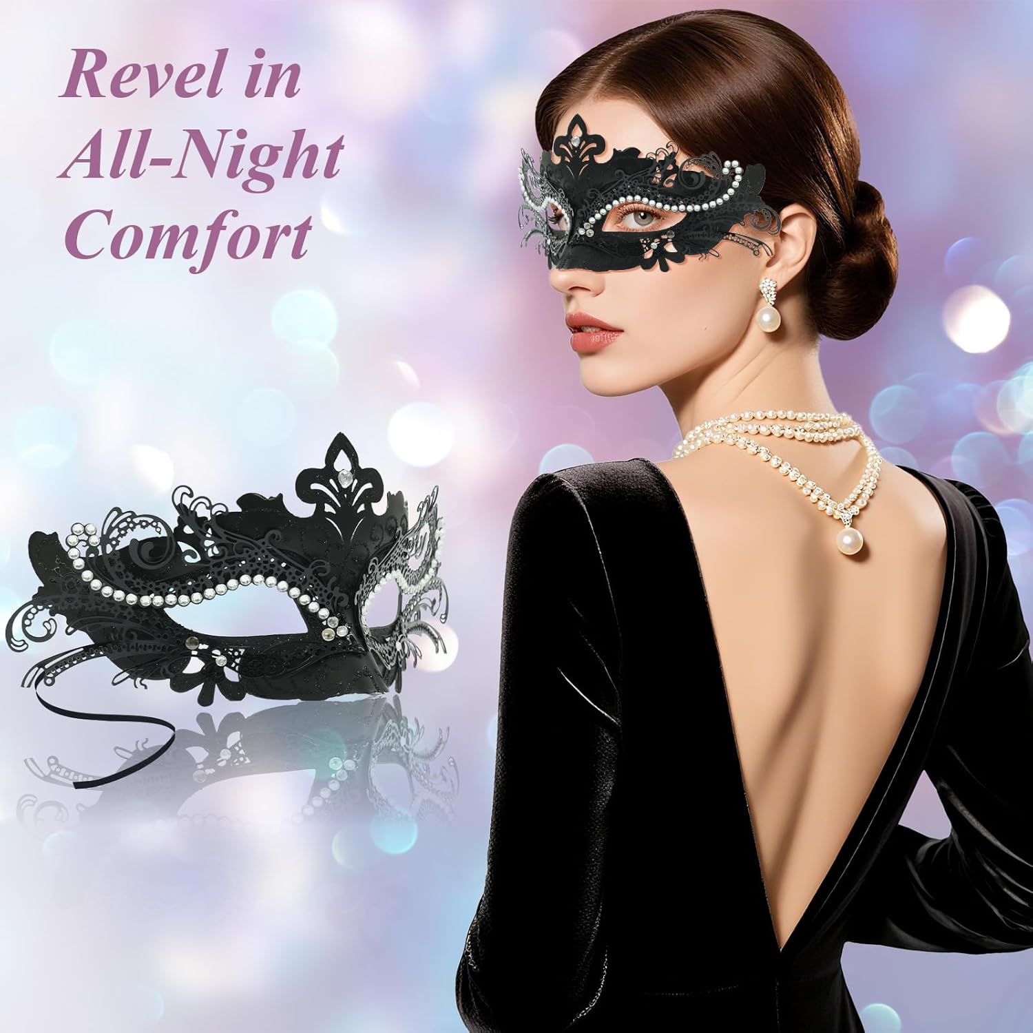 Masquerade Mask for Couples Set, Metal Filigree Shiny Rhinestone Mardi Gras Mask for Prom Ball Costume Party - Image 2