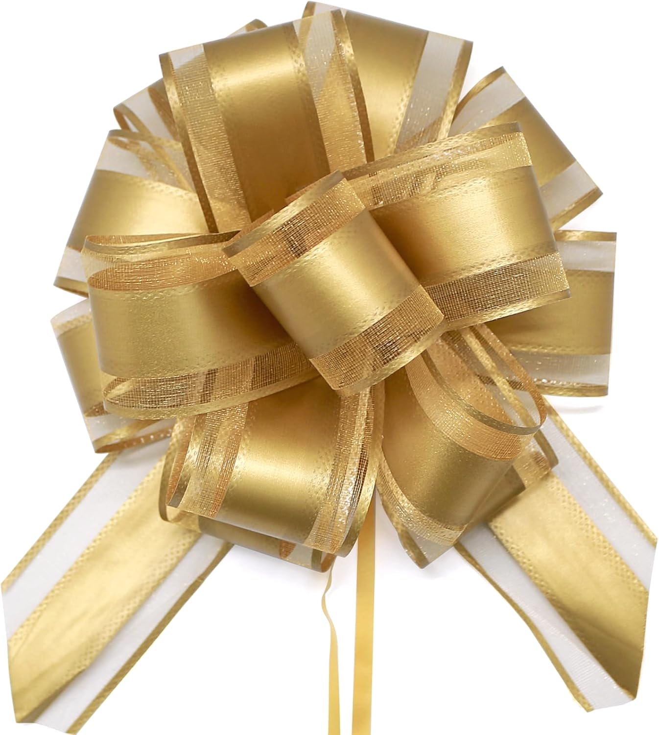 FQTANJU 5 PCS 6 Inch Gold Pull Bows for Gift Wrapping, Wedding, Christmas, Birthday Parties; Modern Style, Solid Color, 2 Inch Ribbon Width