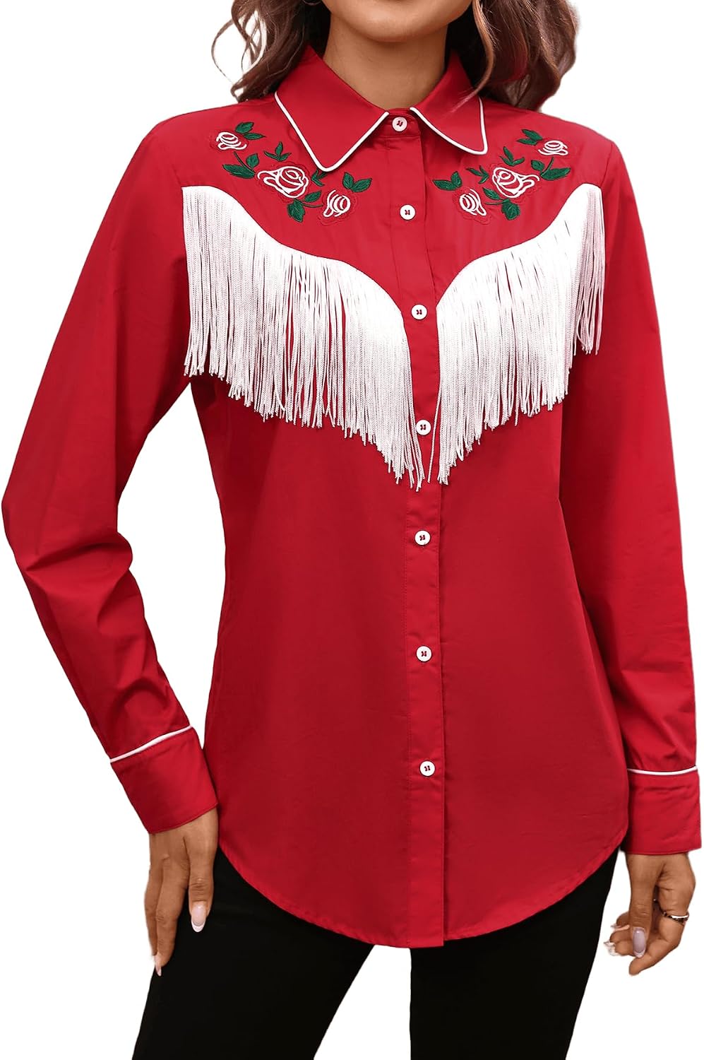 CORSKI Women's Western Cowgirl Fringe Shirt Long Sleeve Floral Embroidered Snap Collared Boho Rodeo Casual Blouses Shirts