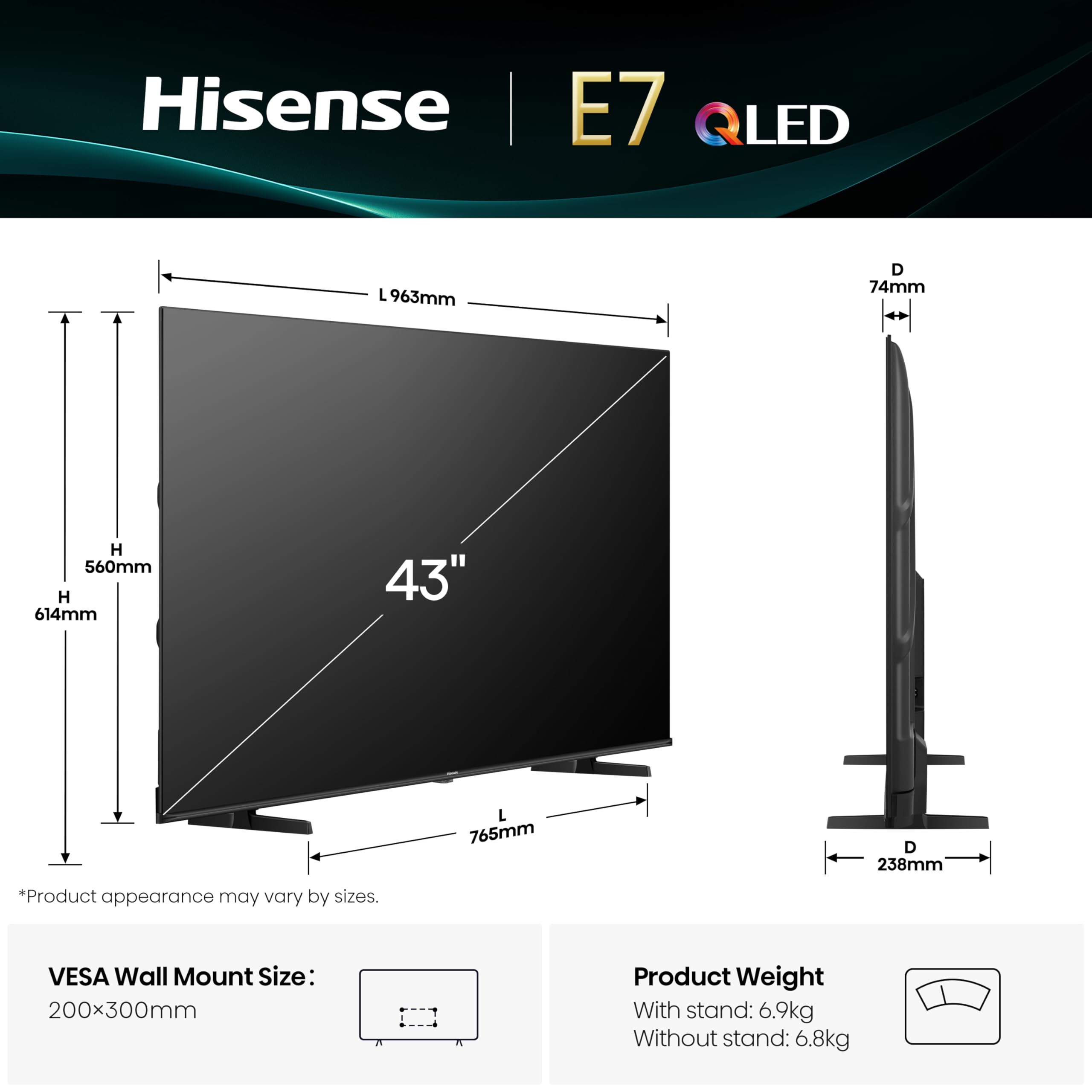 Hisense 43E7Q - QLED TV 43 (108 cm) - 4K UHD 3840x2160 - TV connessa - 3xHDMI 2.1 - WiFi