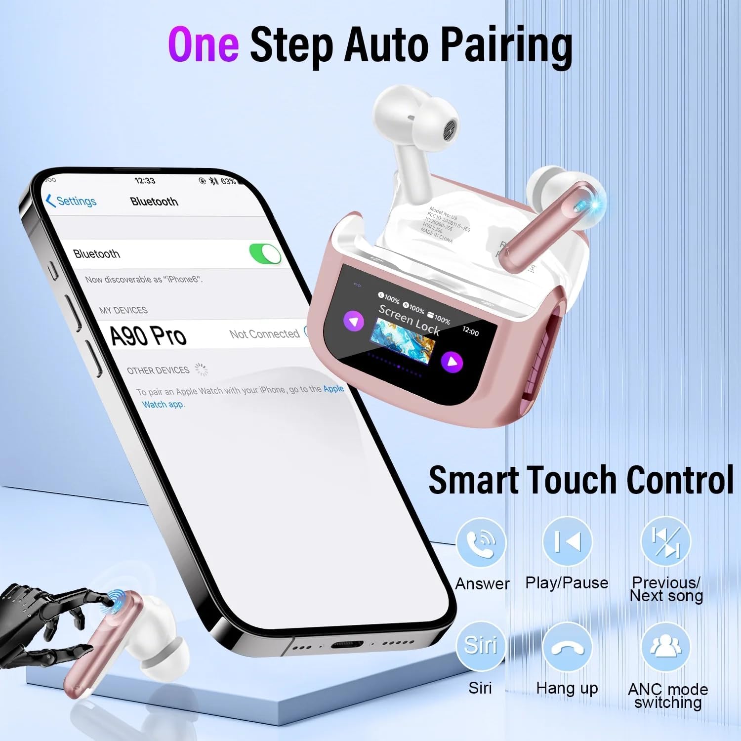 Touch Screen Wireless Earbuds, Bluetooth 5.4 Ear Buds with Multifunctional with ENC Noise Cancelling MicClear Calls Earphones, 48H Bass Stereo Headphones, IP7 Waterproof Headphones for Workout