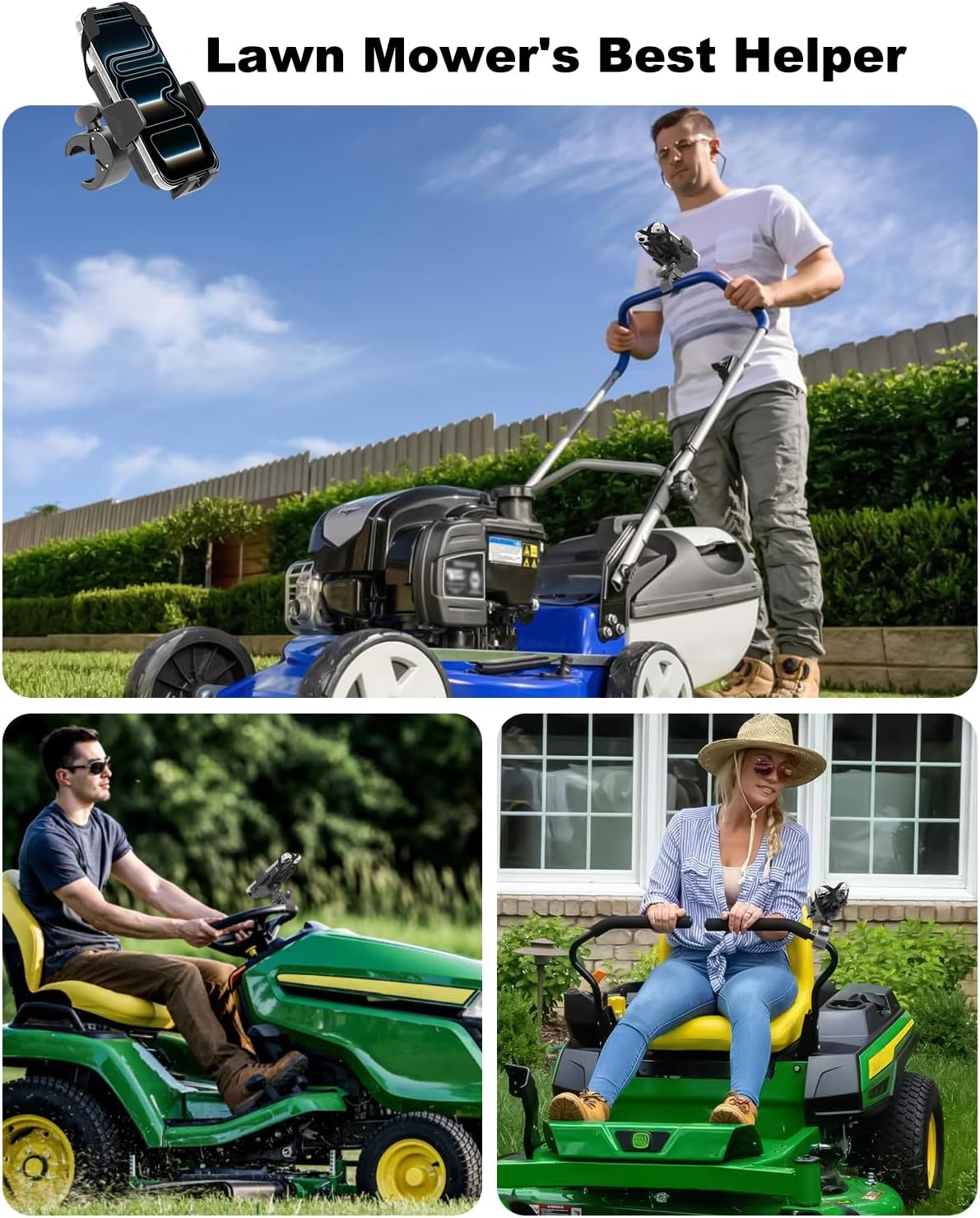 Lawn Mower Phone Mount, [Secure Strap Protection] 360° Rotation Riding Lawnmower Cell Phone Holder, Ultra Stable Push Mower Calmp Mount for iPhone 17 16 15 14 Pro Max, Galaxy, 4-7" Smartphones