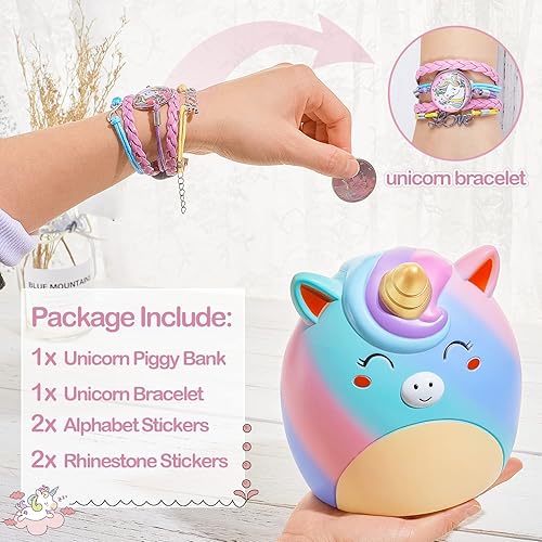 Miniatura 4 de Alcancía de unicornio para niñas, bonita alcancía irrompible de resina con calcomanías y pulsera, juego de pulseras para niños pequeños, azul y