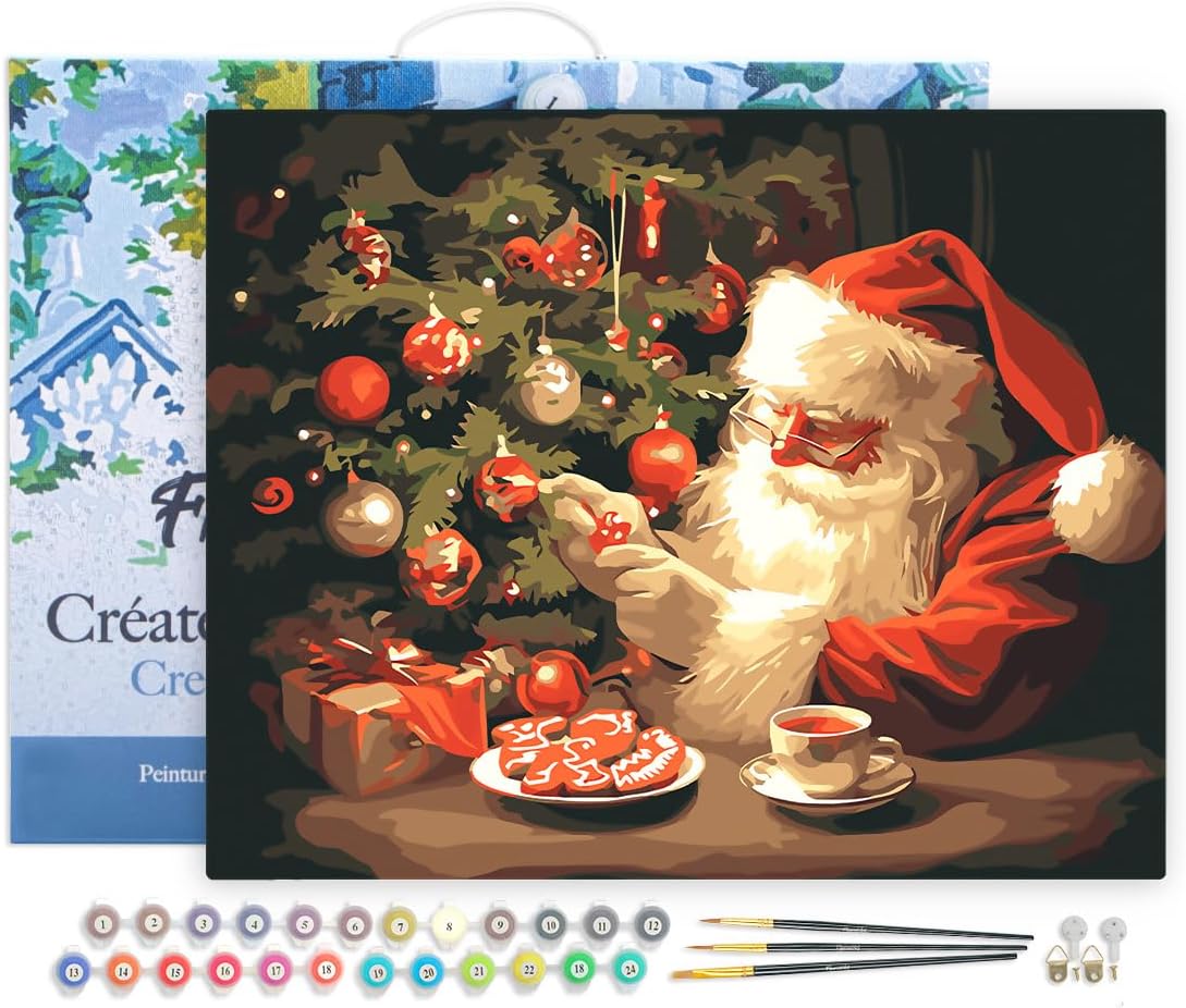 Figured'Art Paint by Numbers for Adults with Frame Jolly Santa's Evening 16x20in - Craft Art Painting DIY Kit Canvas Already Stretched on a Wooden Frame