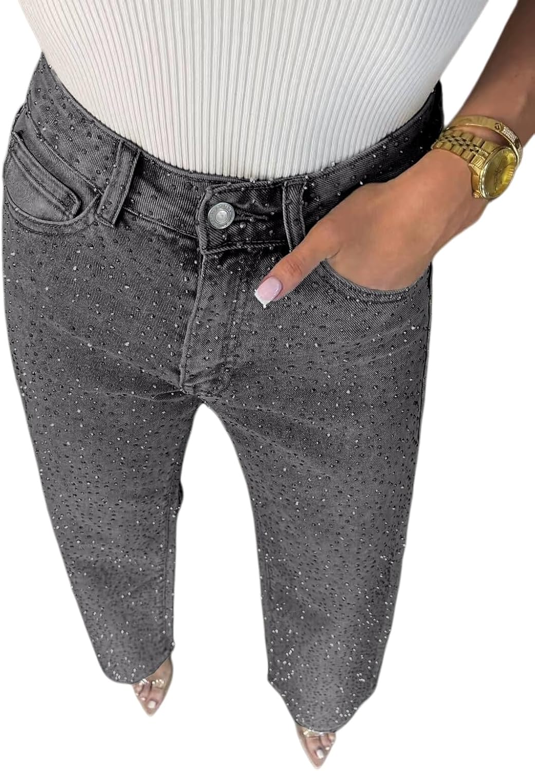 Women's Rhinestone Jeans Wide Leg Baggy Denim Pants, Baggy Y2K High Waisted Straight Glitter Bedazzled Jeans