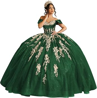 Mouccy Glitter Gold Floral Quinceanera Dresses with Bow Beaded Off Shoulder Sweet 16 Dress Ruched Tulle Evening Ball Gowns