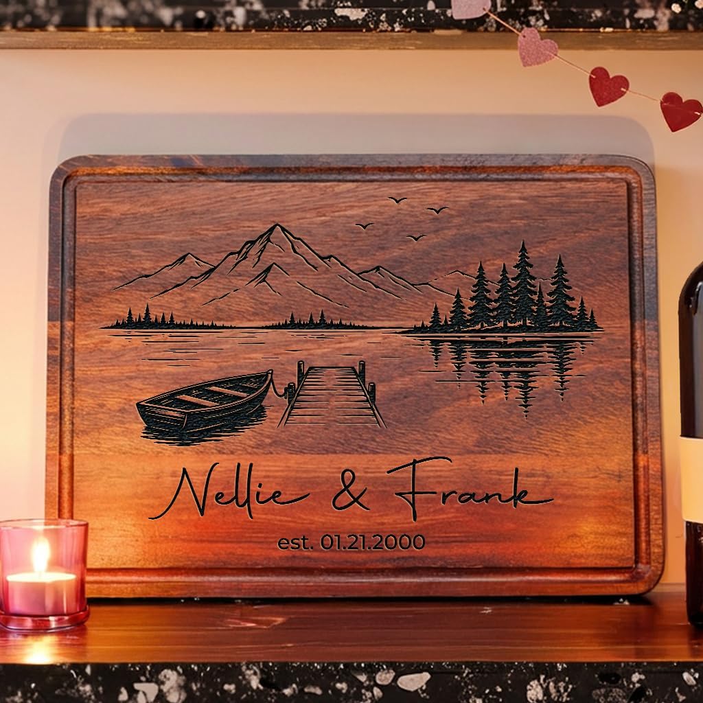 Personalized Cutting Board for Couples, Custom Engraved Wedding Gift 2026, Engagement, Newlywed, Rustic Mountain Lake Scene Design, Housewarming, Anniversary, Mr & Mrs Gift for Couples