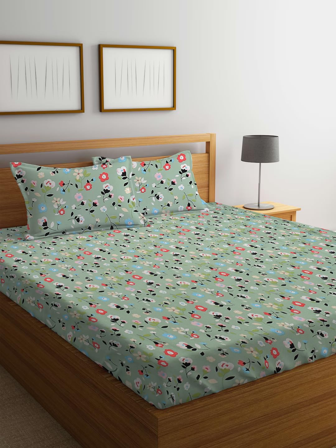 LOOMLYFE 300 TC Cotton Feel Glace Cotton Elastic Fitted Printed King Size Double Bed Bedsheet with 2 Pillow Covers Fits Upto 8 inches Mattress, Size- 72X78 Inches, Green Small Flower