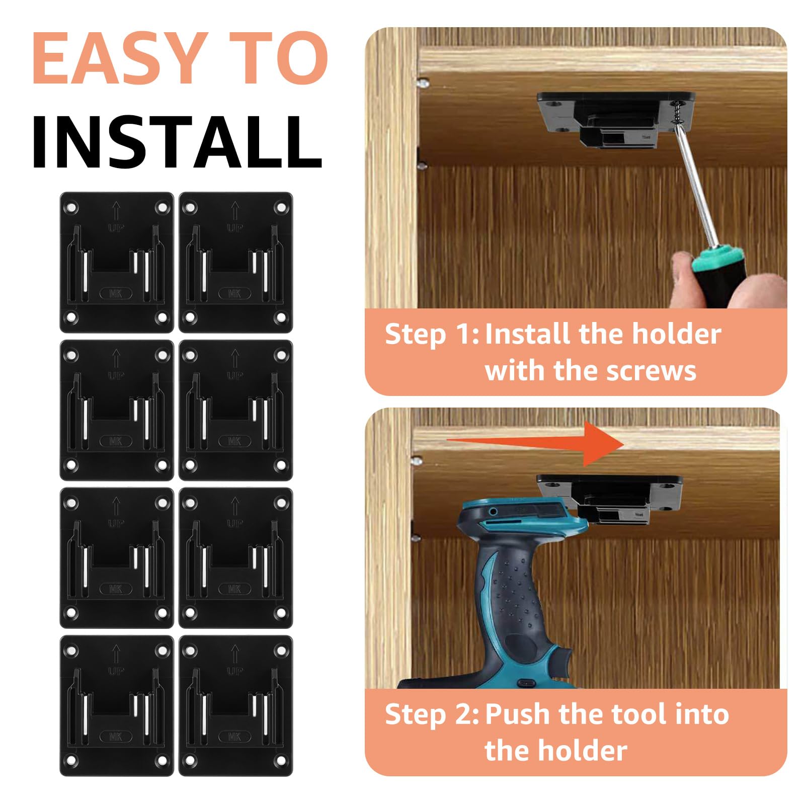 Lot de 8 Support Batterie Makita Compatible 18V et 14,4V, Porte-batterie Mural Noir avec Vis pour Rangement Outil, Atelier Garage, Établi, Étagère et Véhicule de Service