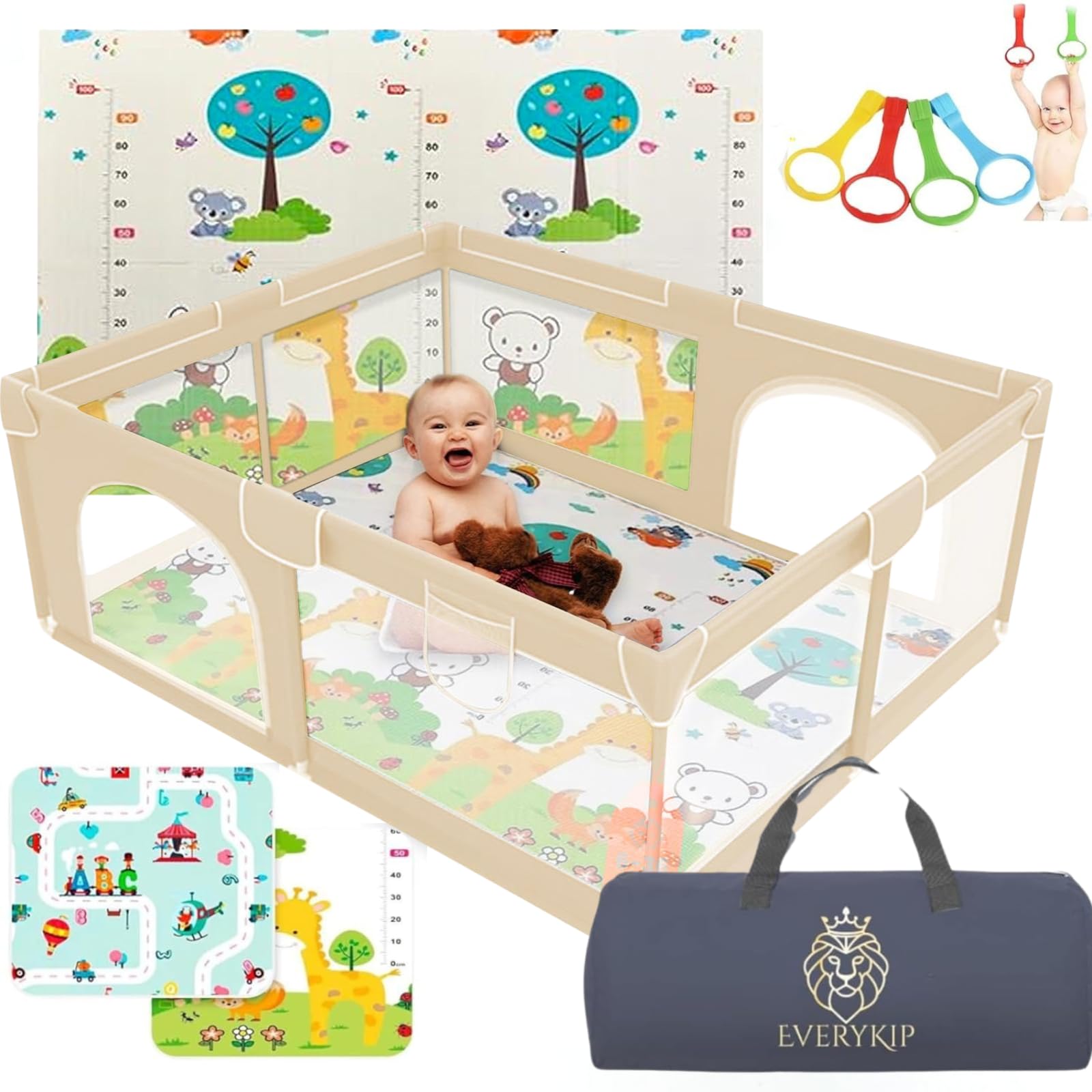 EveryKip® Parque Infantil Bebe Beige 120x120cm + Alfombra Suelo + Anillas + Bolsa Transporte Corralito Bebe Plegable Malla Transpirable Baby Playpen (Beige)