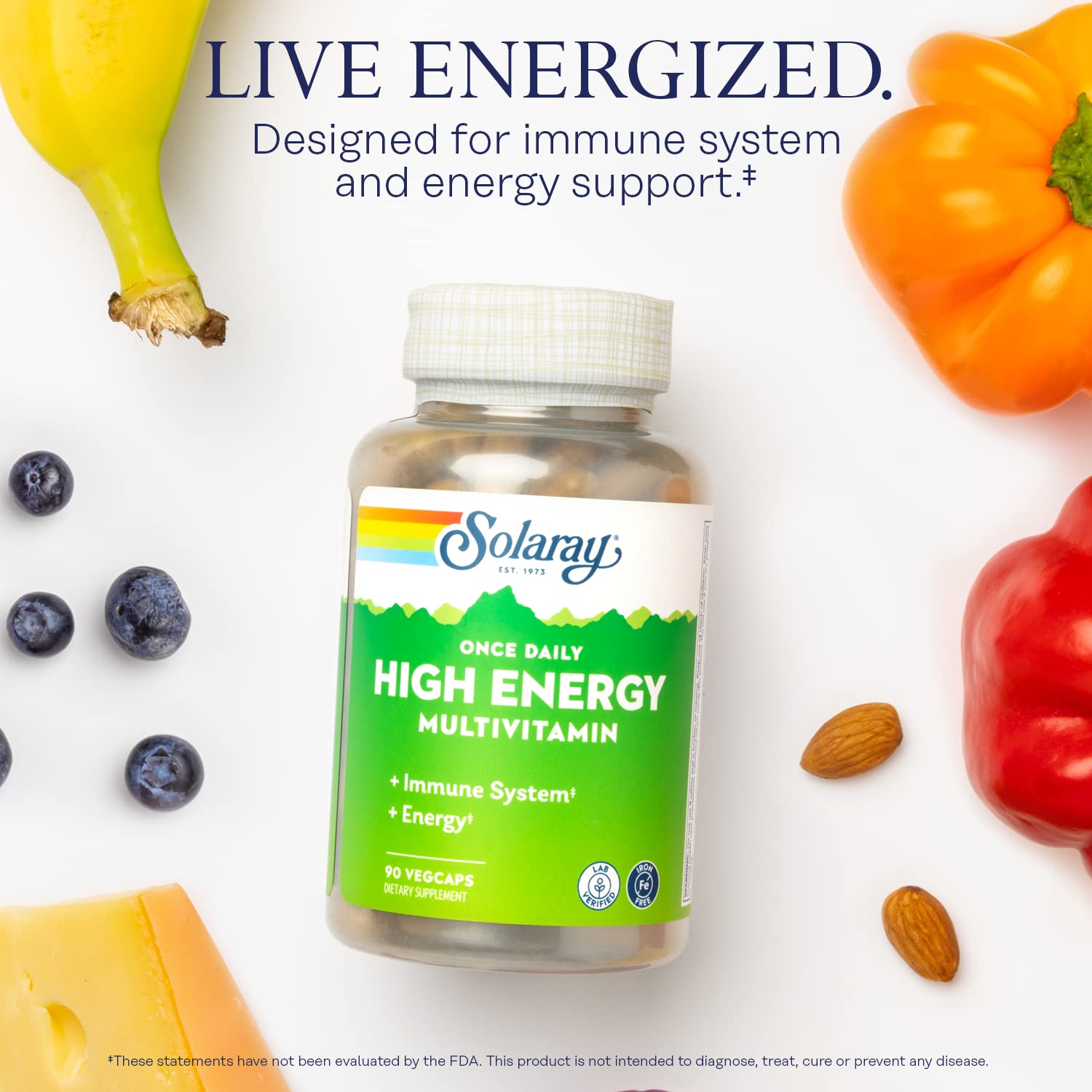 SOLARAY Once Daily High Energy Multivitamin, Iron Free, Immune System and Energy Support, Whole Food and Herb Base Ingredients, Mens and Womens Multi Vitamin (90 Servings, 90 VegCaps) — Amazon image 3