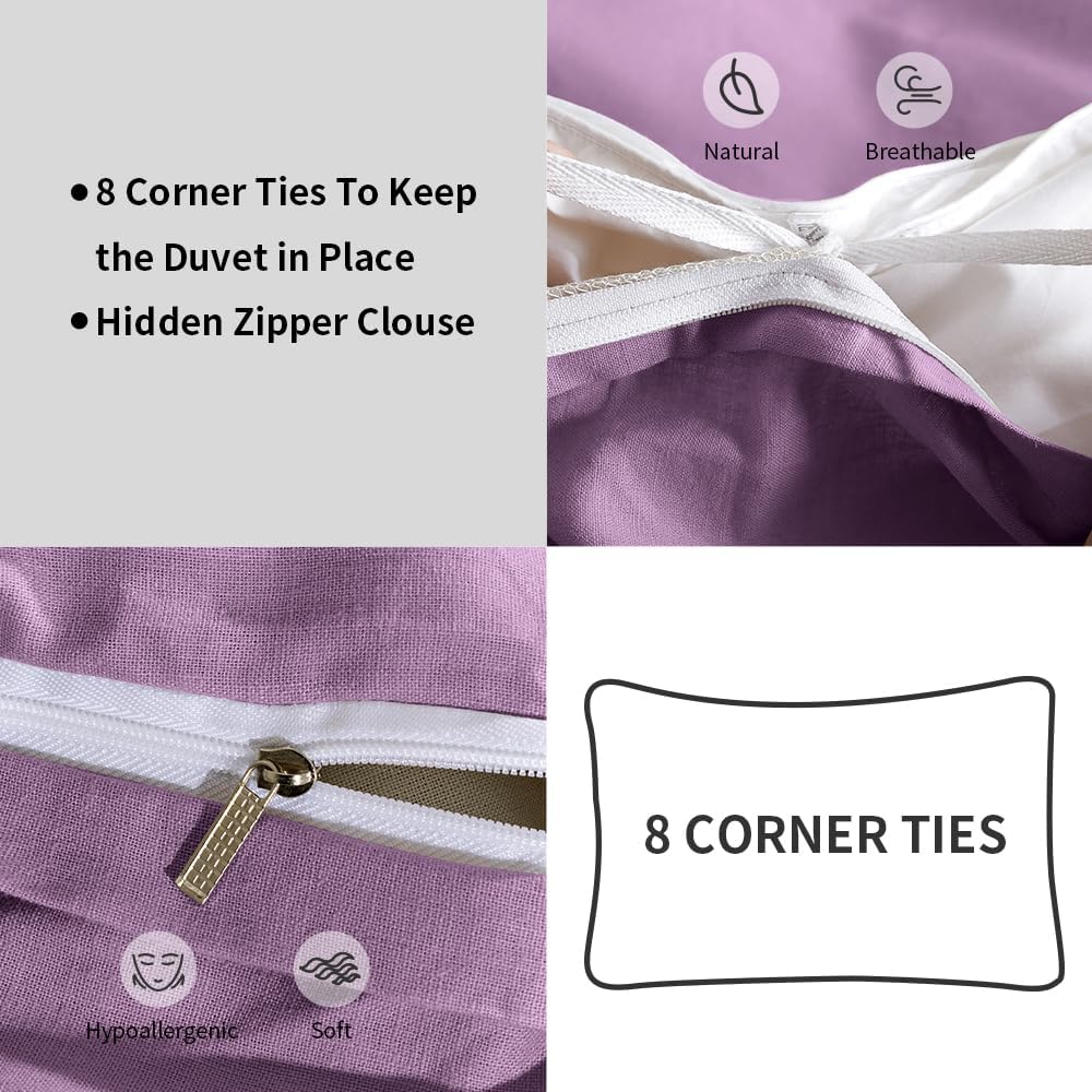 TUMEI 100% Linen Duvet Cover Set King Size 3 Pieces Bedding Duvet Cover and 2 Pillow Covers, King Basic Lilac