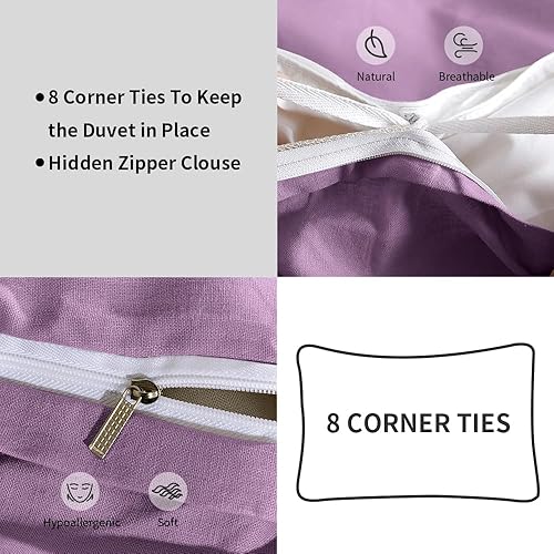 Miniatura 3 de TUMEI Juego de funda de edredón 100% lino, tamaño King, 3 piezas, funda de edredón y 2 fundas de almohada, tamaño King, color lila básico