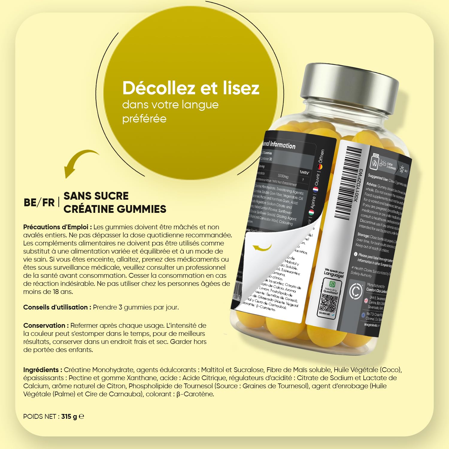 Creatine Gummies 5000mg Vegan sans Sucre - selon l'EFSA, la créatine augmente les performances physiques lors d'exercices successifs de courte durée et de haute intensité - Saveur Citron