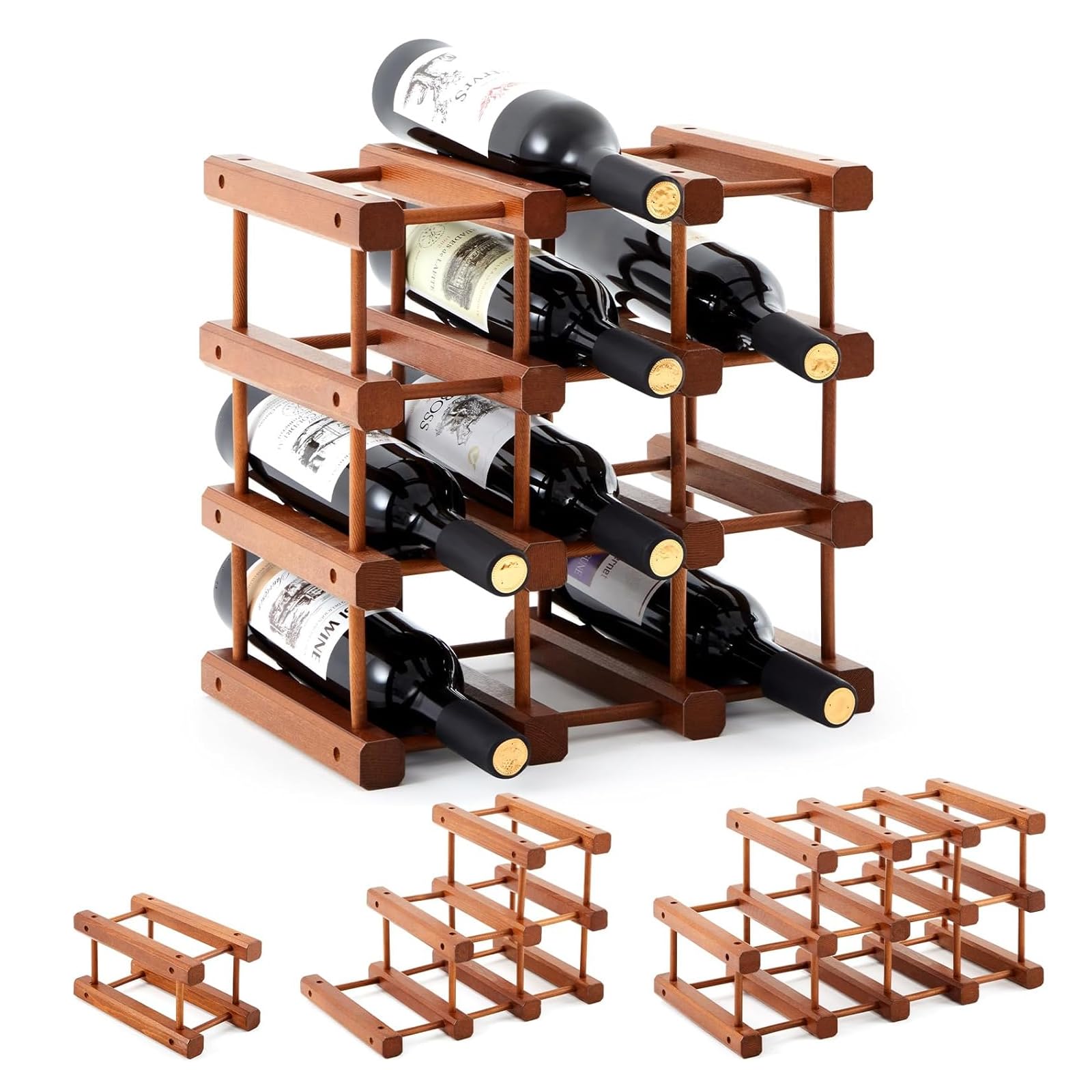 Wooden Wine Rack for 12 Bottles, 4-Tier Expandable Bottle Holder Shelf
