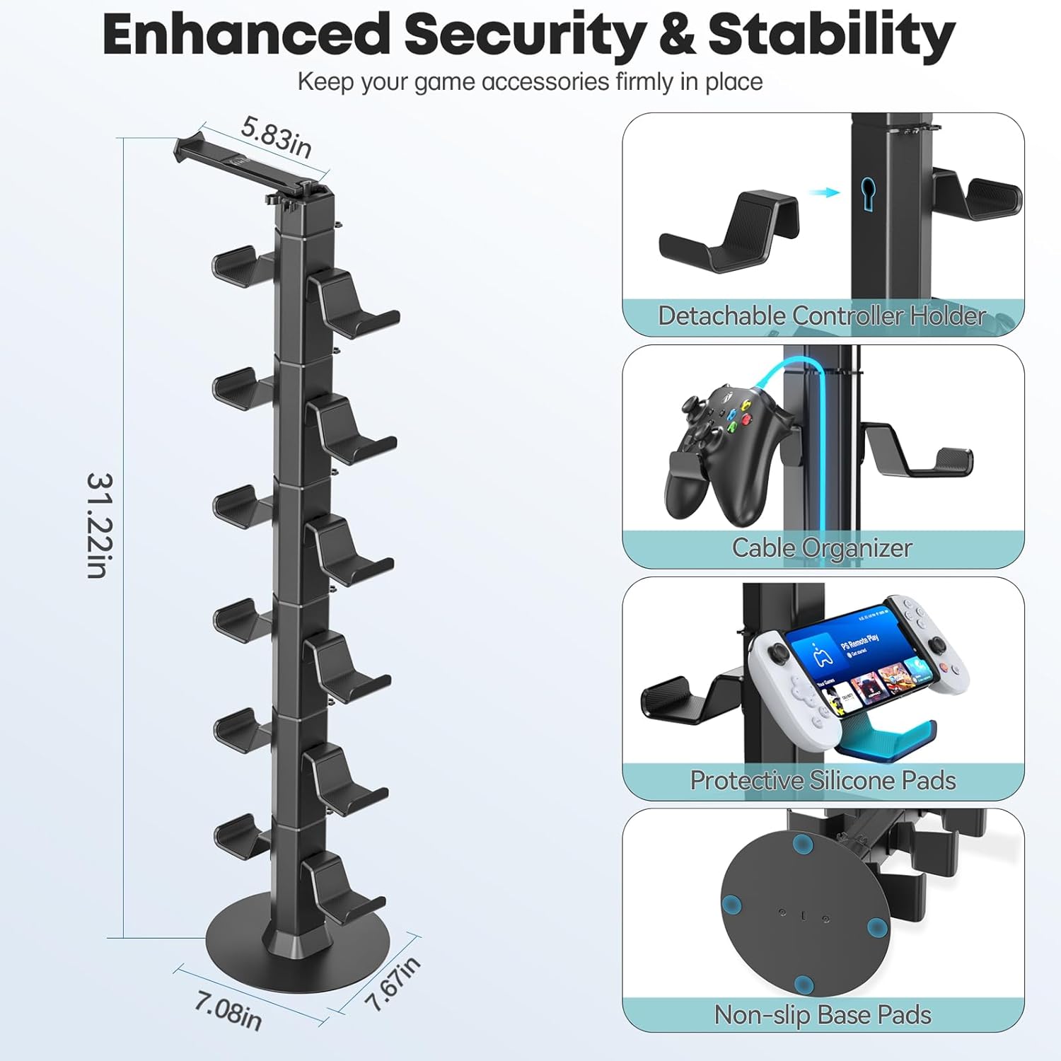 Gaming Controller & Headset Holder Stand for Desk, with Charger Cable Organizer Headphone Stand for PS5/ Xbox/ PS4/ Switch, Metal Base Controller Hook for Storage with 360° Rotatable Hanger- 6 Tiers