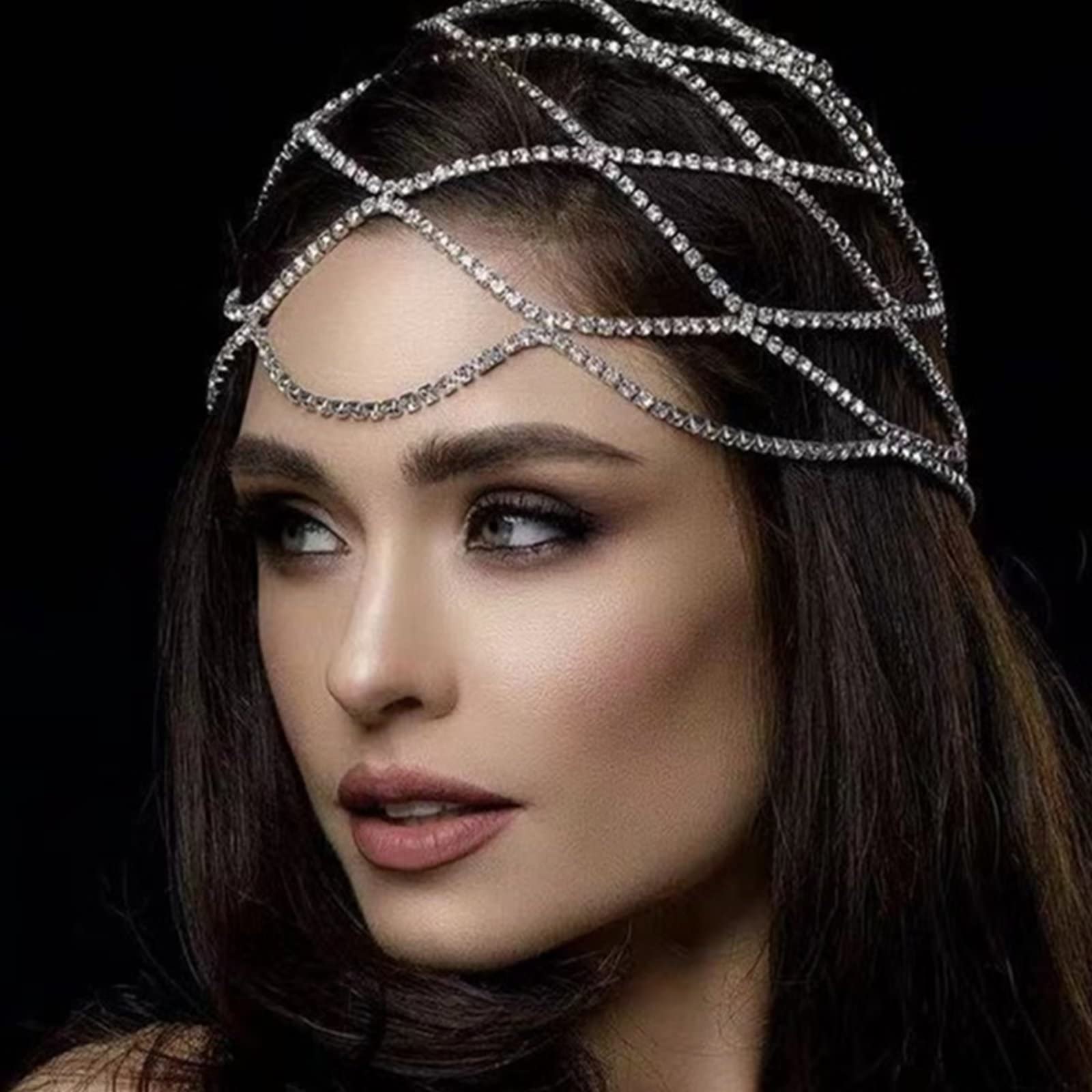 Rhinestone Malla Casquete, Plata Rugiente 1920S Danza del Vientre de Cristal Flapper Cabeza Cadena Fiesta de Novia Accesorios para el Cabello para Mujeres Fiesta de Disfraces