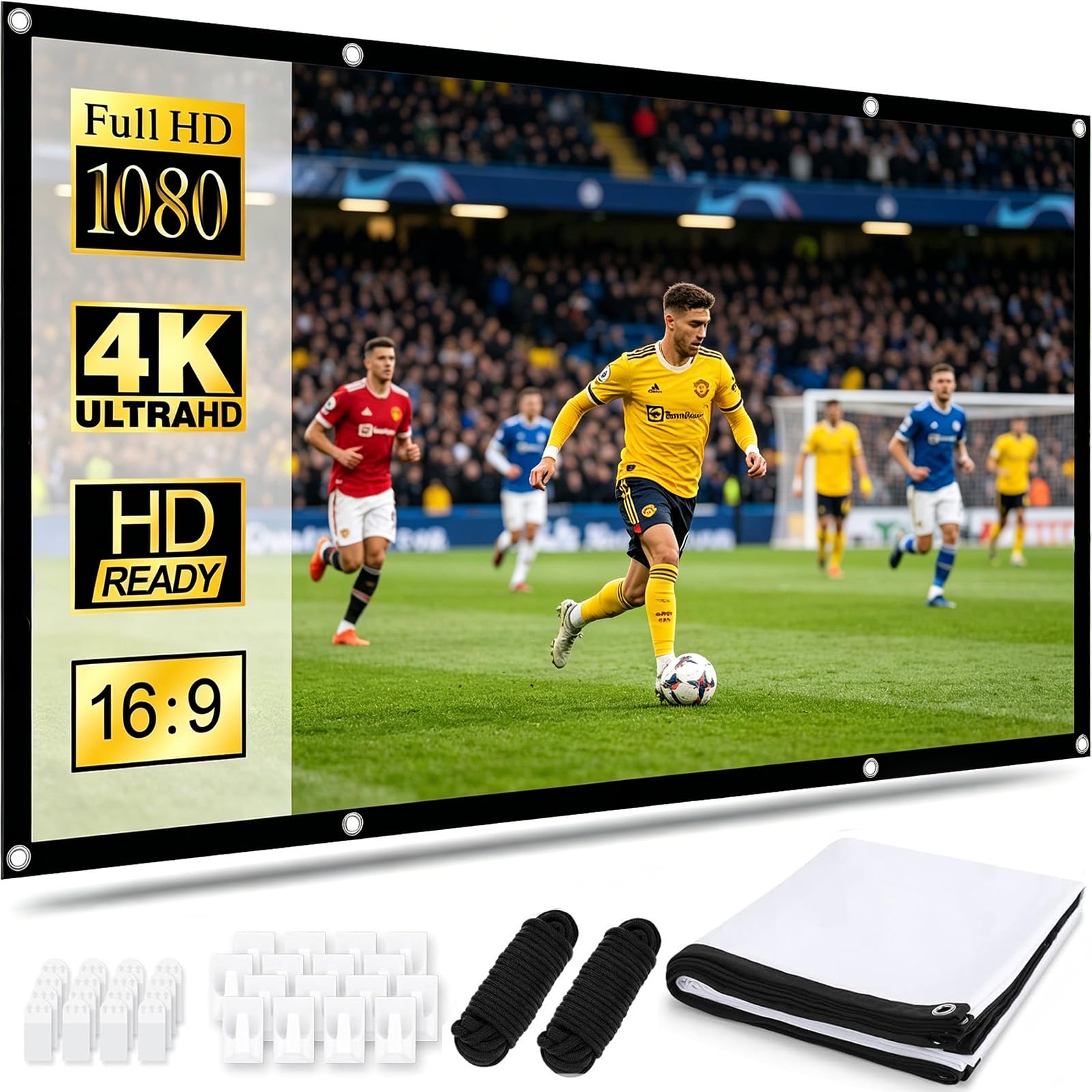 Écran De Projection, Ecran Videoprojecteur 4K Anti-Plis, 16:9 HD, Toile Videoprojecteur Portable Pliable, Ecran De Projection Double Face pour Home Cinéma, Camping en Plein Air (Blanc, 100 Pouces)