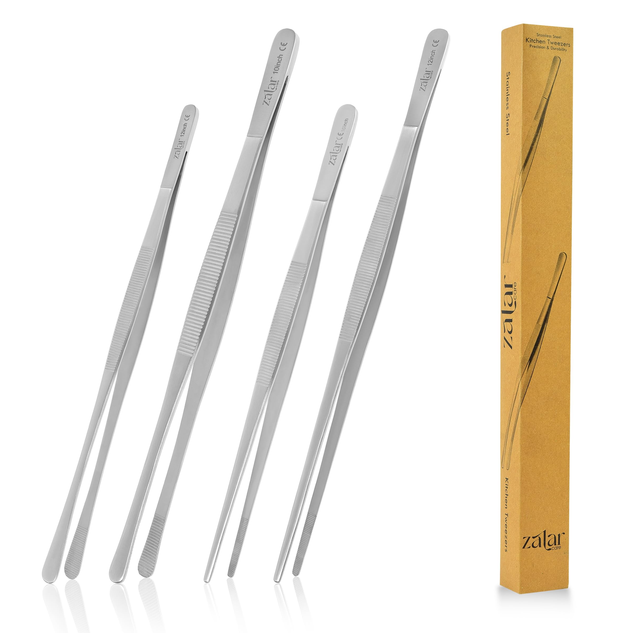 ZALAR Care Stainless Steel Kitchen Tweezers, 4 Piece Set, 25.5cm and 30.5cm, Precision Serrated Tips, Professional Chef Tongs for Cooking, BBQ, Plating and Serving, Silver