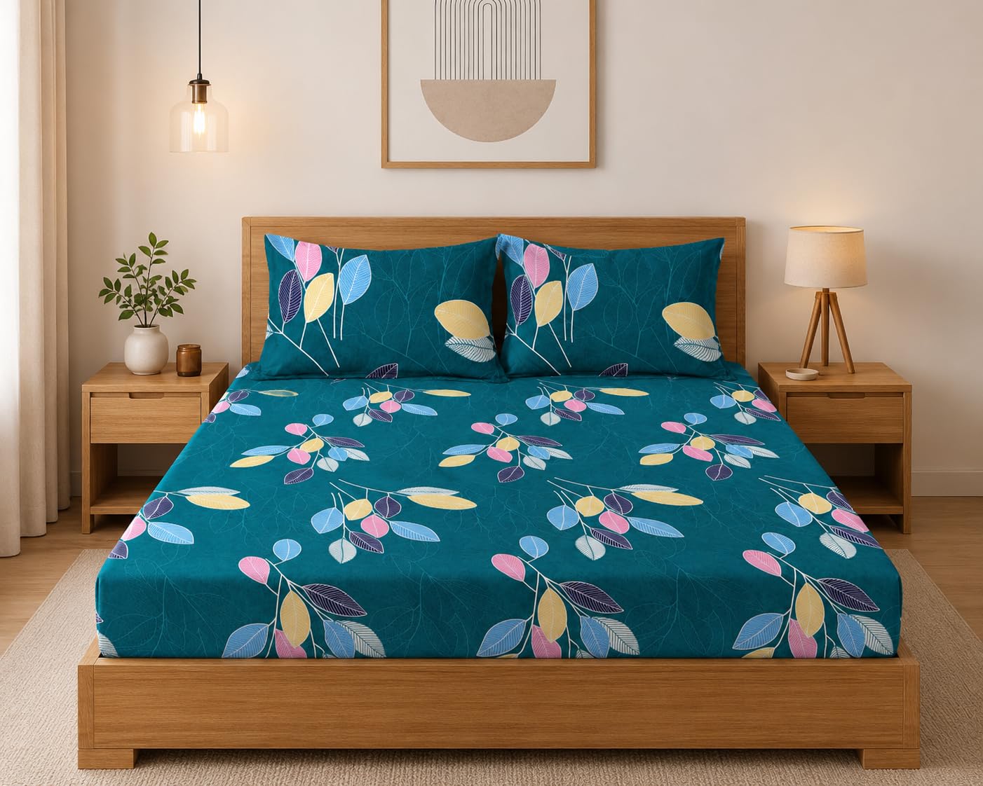 LOOMLYFE 300 TC Cotton Feel Glace Cotton Elastic Fitted Printed King Size Double Bed Bedsheet with 2 Pillow Covers Fits Upto 8 inches Mattress, Size- 72X78 Inches, Green Leaves